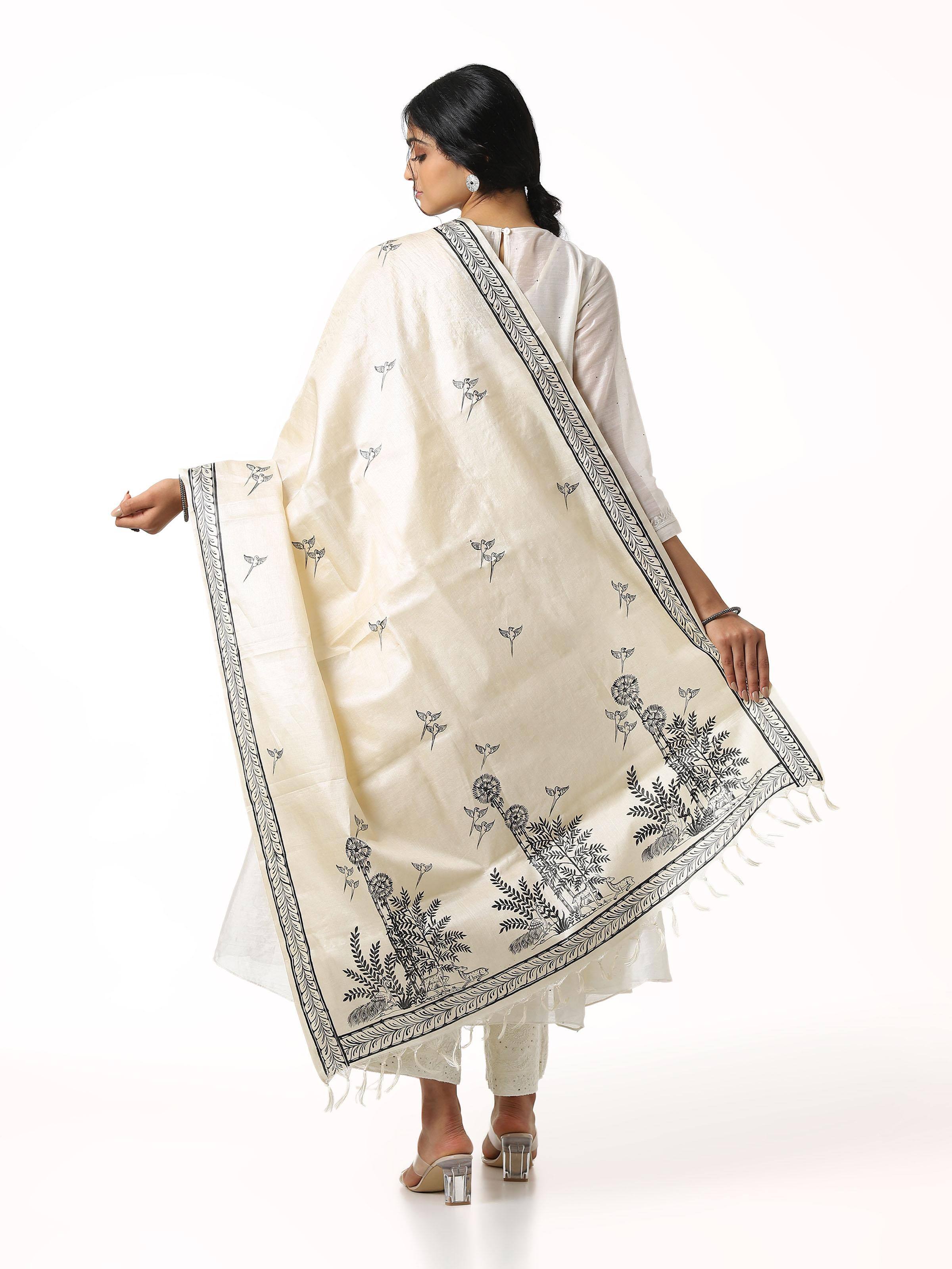 Natural Tussar Silk Hand Painted Pattachitra Dupatta