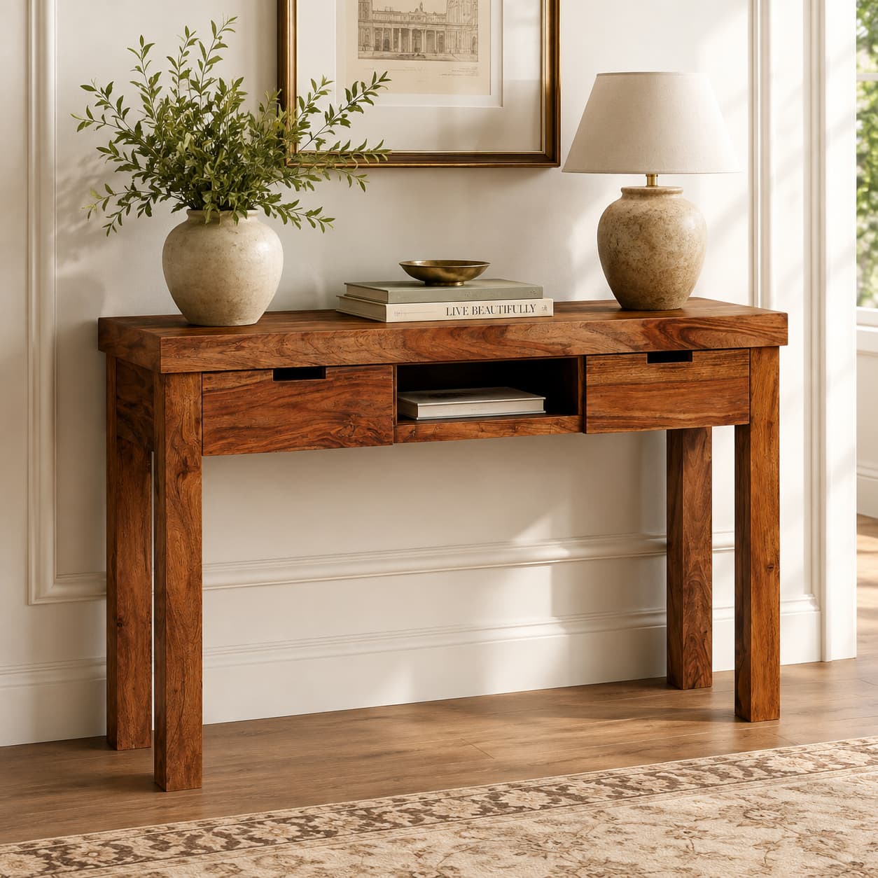 Wadsworth Shesham Wood Console Table in Honey Oak Finish With 2 Drawer