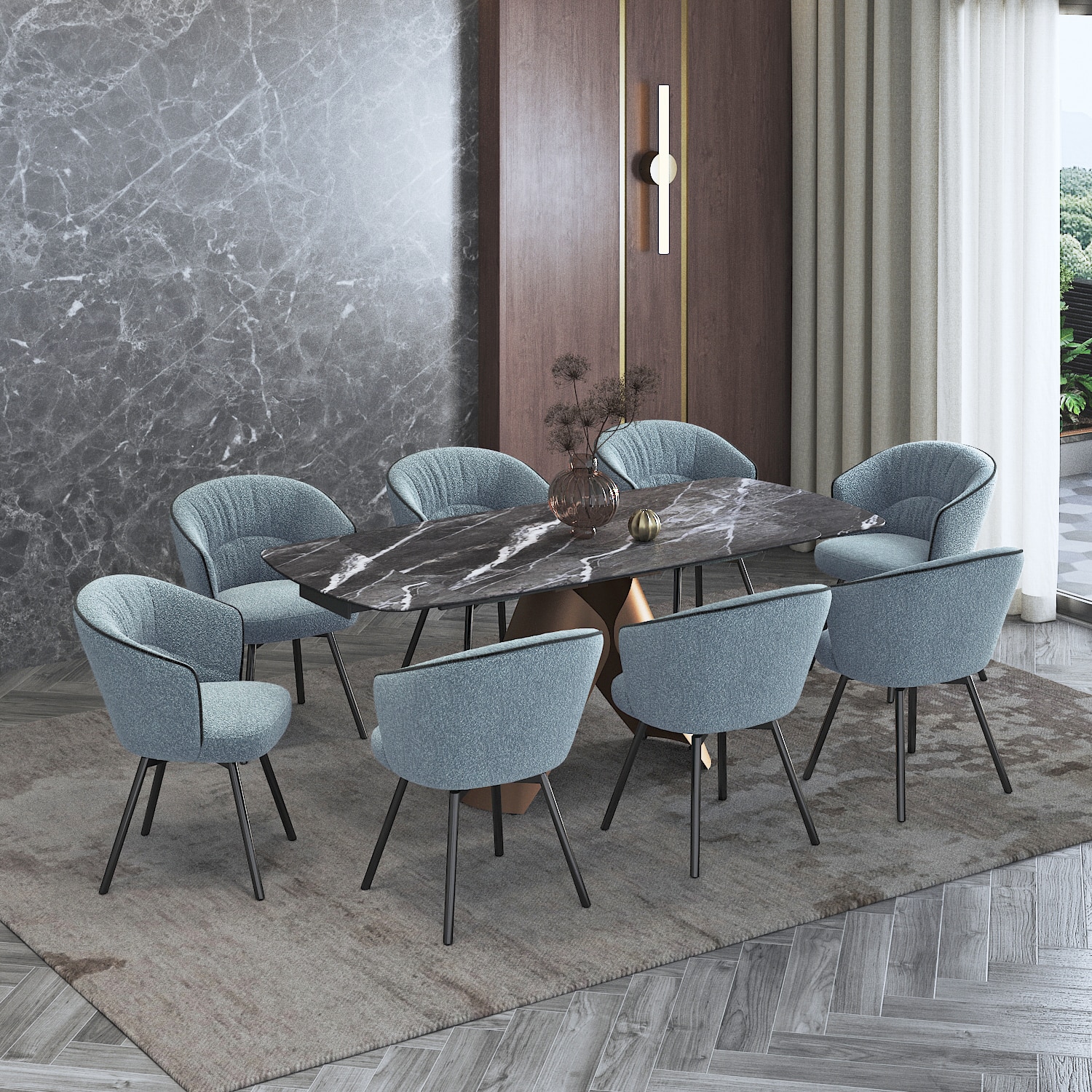 Aeris Ceramic 6 To 8 Seater Extendable Dining Table With 6 Calix Dining Chairs (Finish : Black Jade, Chair Colour : Powder Blue)