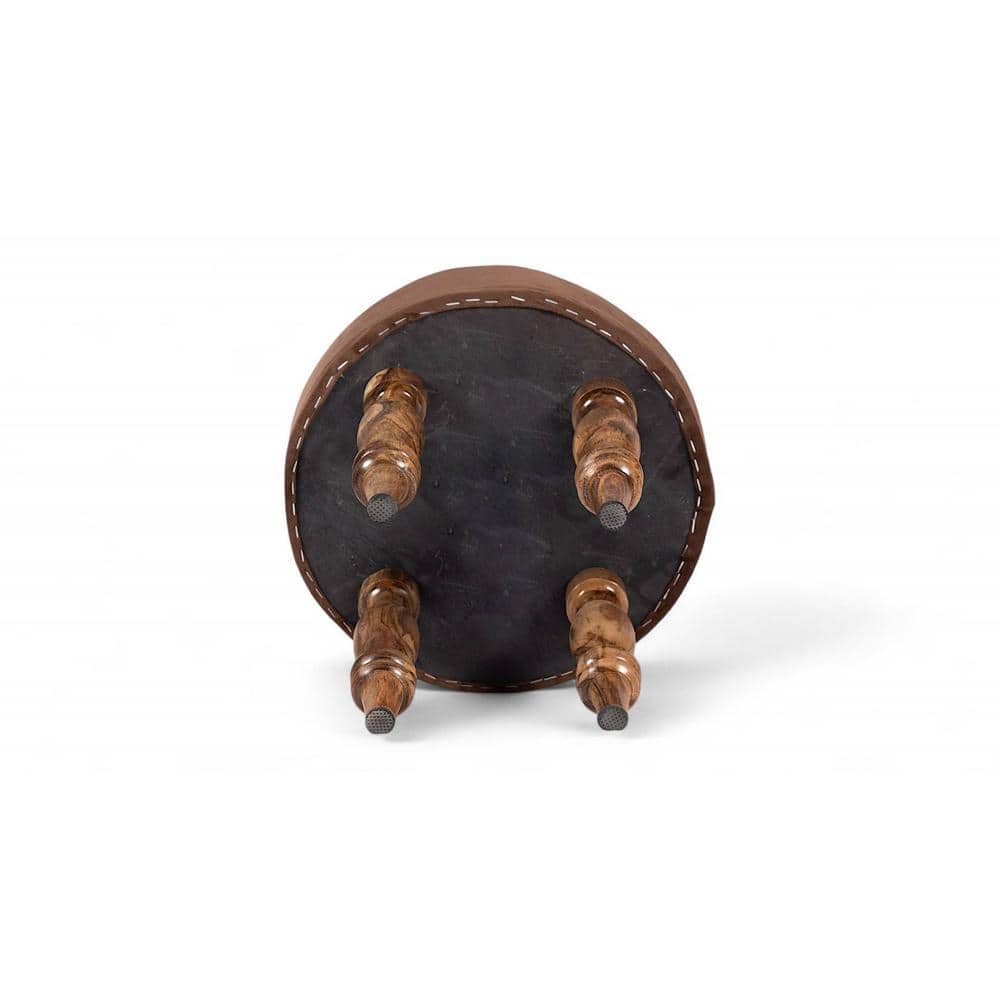 Roswell Sheesham Wood   Round Set of 2 Stools in Taupe Brown Velvet Upholstery