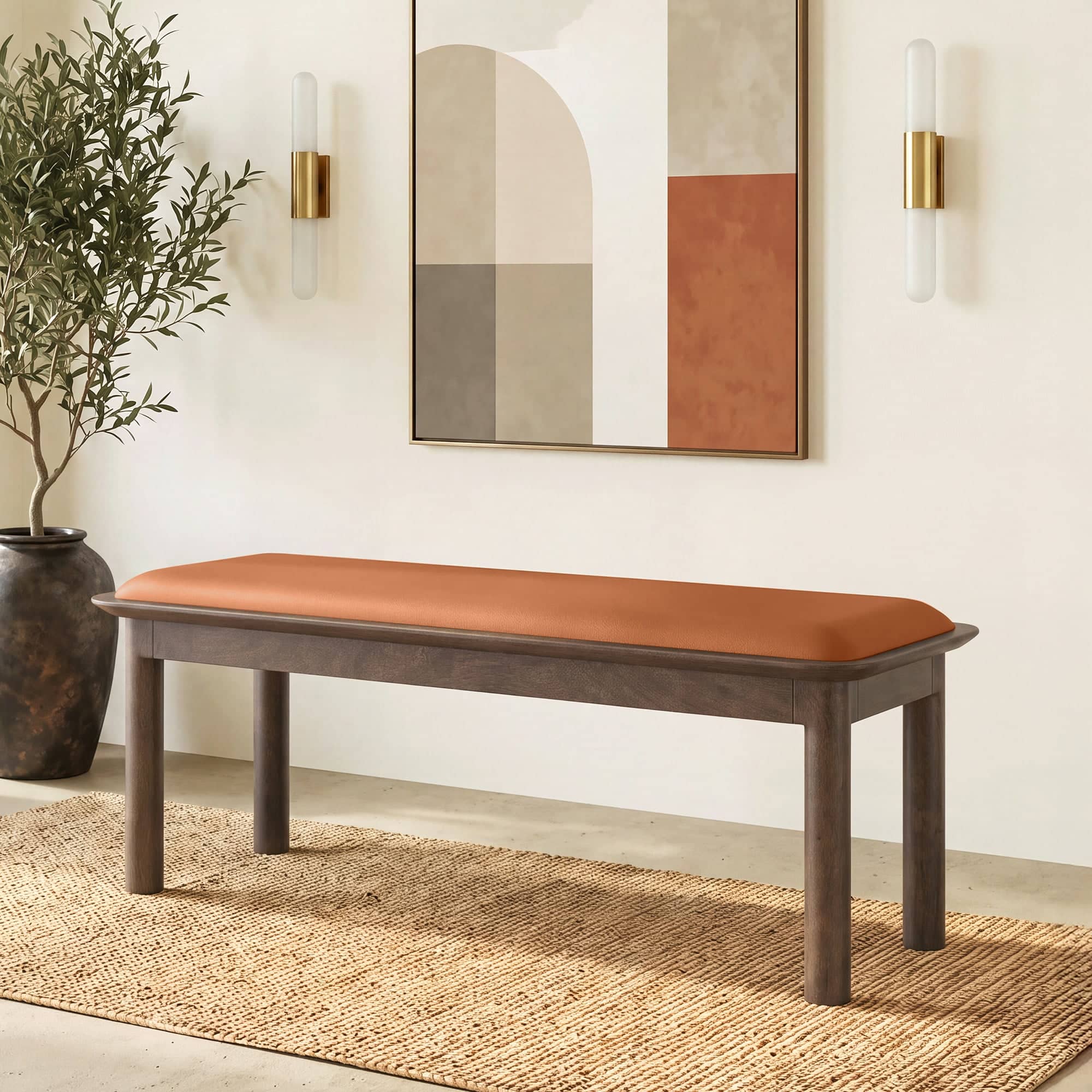 Dane Solid Wood Bench In Danish Walnut Finish with Nappa Tan Leatherette Colour