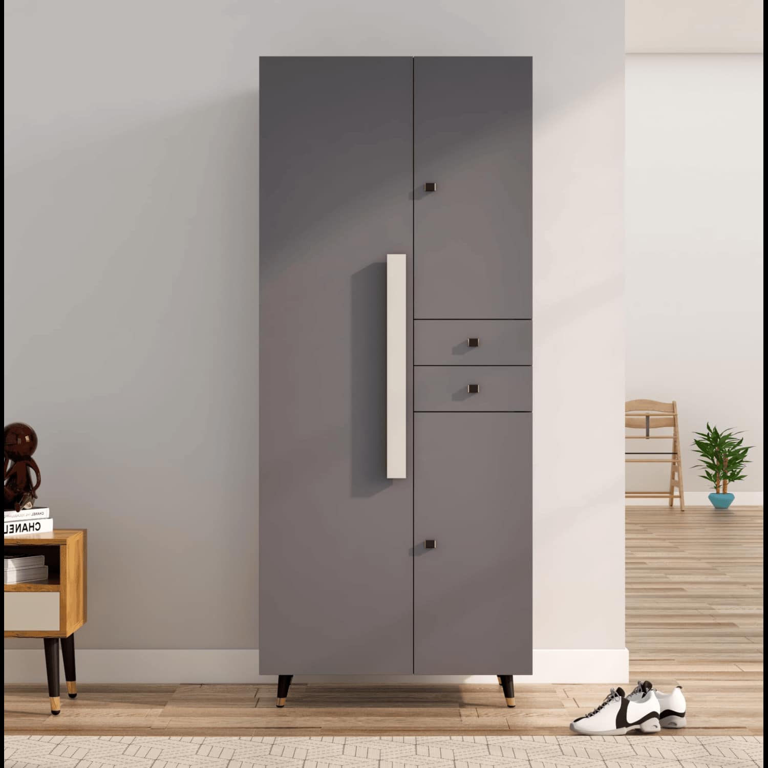Hexa Red Wooden 2 Door Wardrobe with Drawer and Hanging Space in Slate Grey Colour - HexaRed