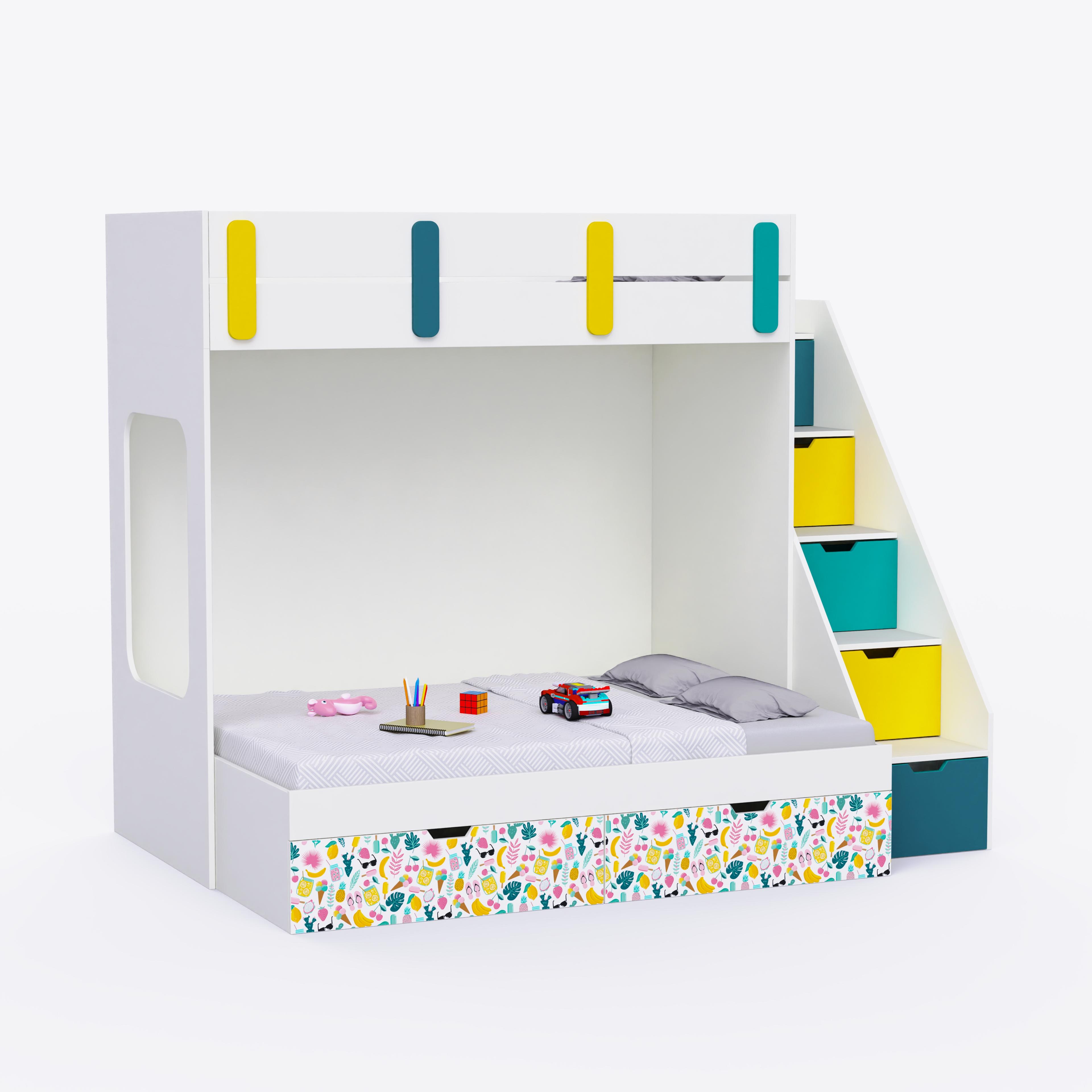 Pattern Dreams Bunk Bed  6X5 (Drawers On Wheels) In White & Teal Colour
