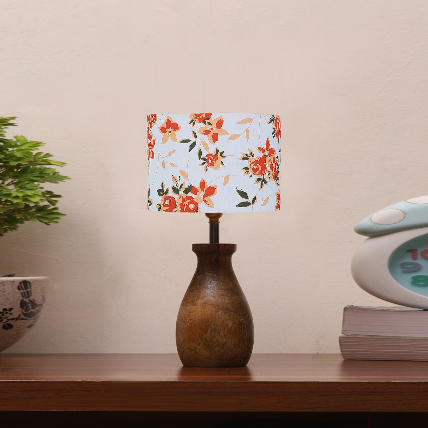 Devansh Multicolor Cotton Table Lamp With Wood Natural Base (7X13 Inches)-15