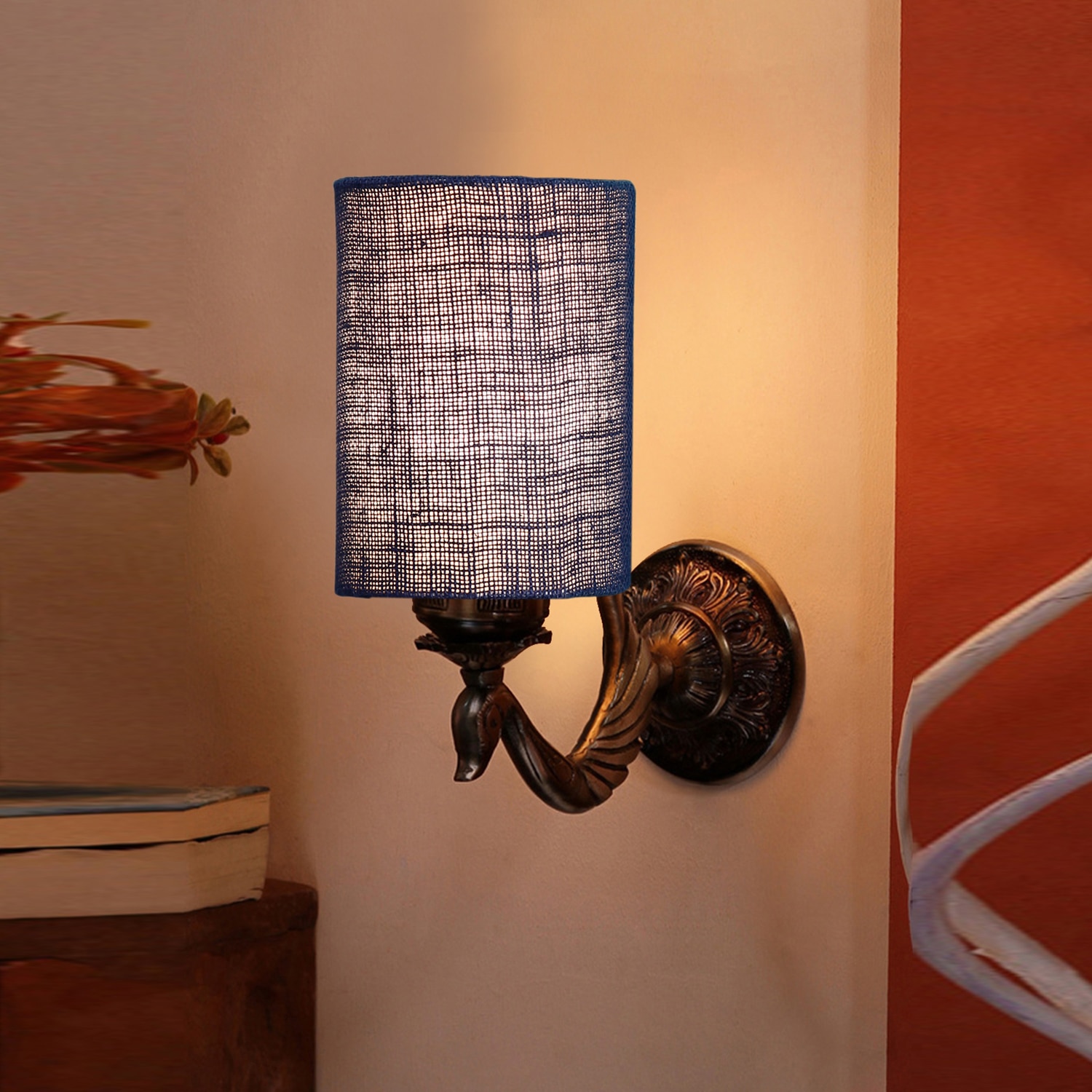 Devansh Metal Electric Wall Light in Antique Gold Colour with Blue Shade Count of 1 Light - Devansh