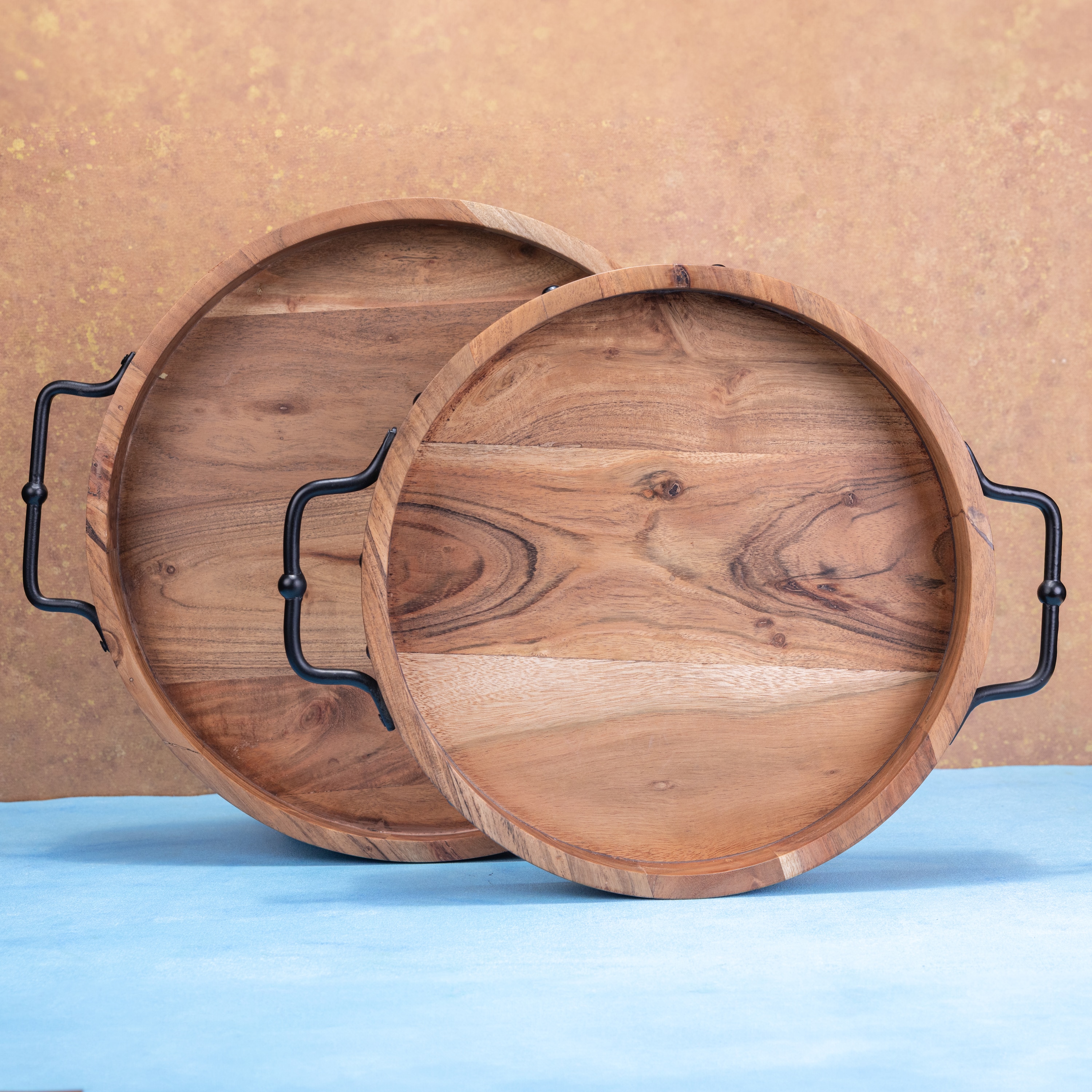 Ireka Home Anugraha Wooden Serving Tray with Iron Handles – Small - Ireka Homes