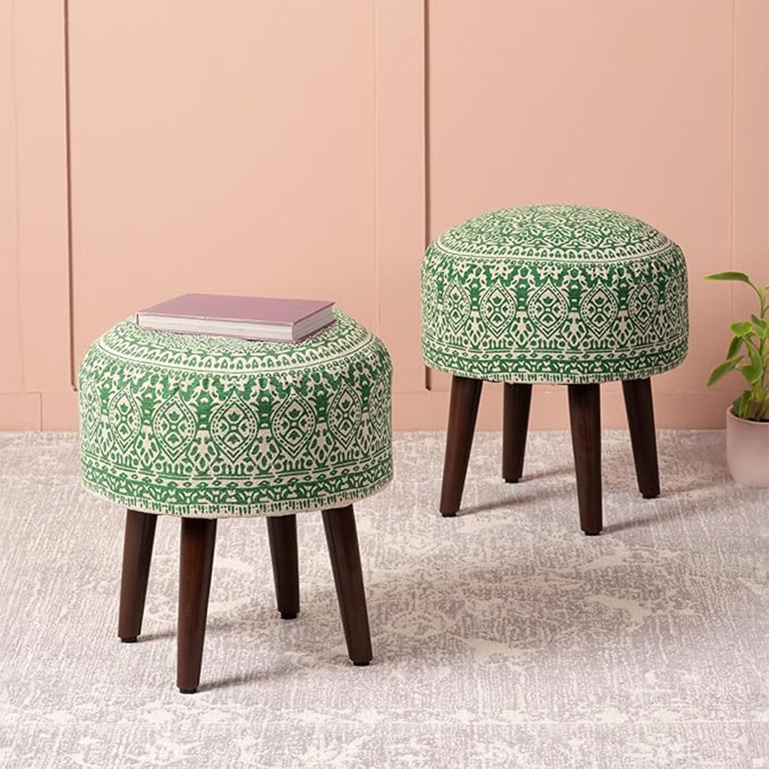 Botanic Fabric Wooden Ottoman in Green Color Set of 2 - Nestroots
