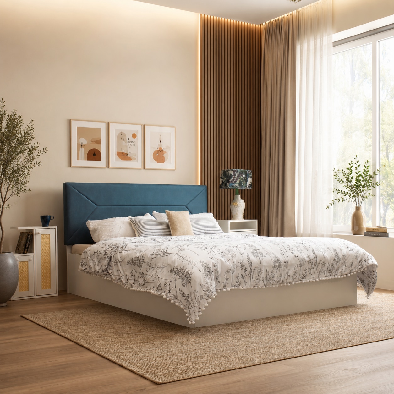Niyama Engineered Wood Queen Size Bed With Hydraulic Storage (Melamine Finish, White Colour)