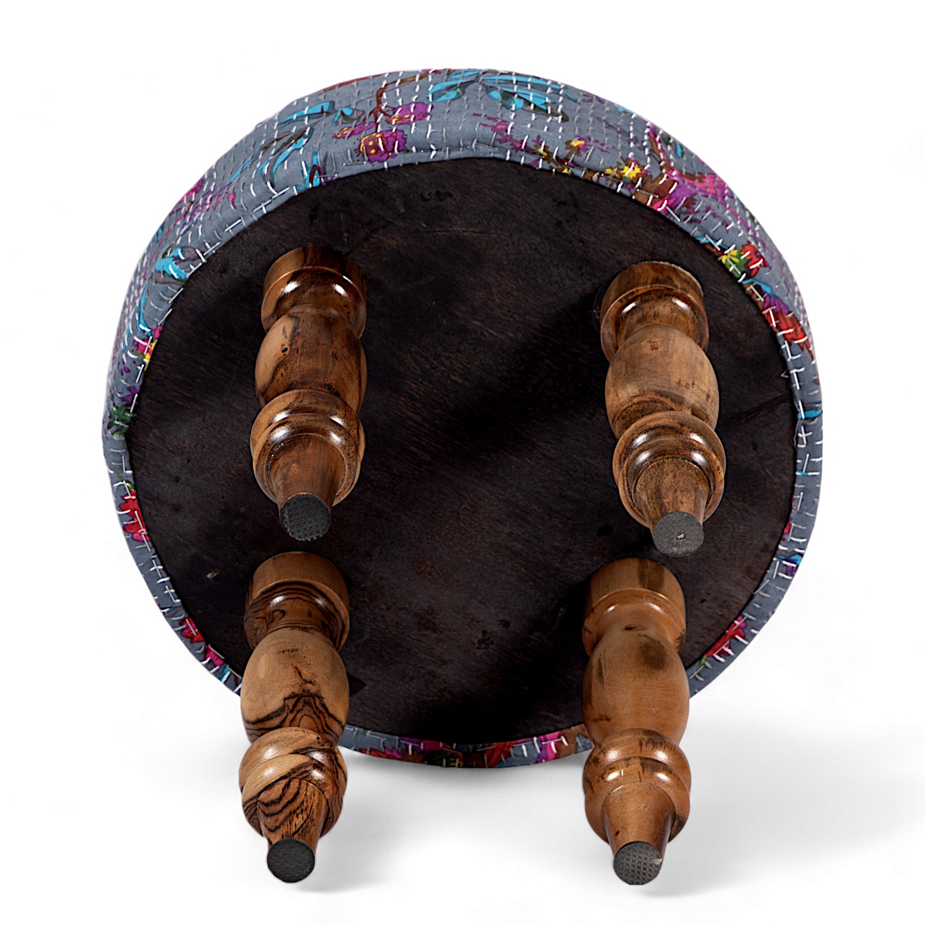 Bestone Sheesham Wood Mid Century 2+1+1 Seater Bench Set With 2 Stools In Grey Brid Print Kantha