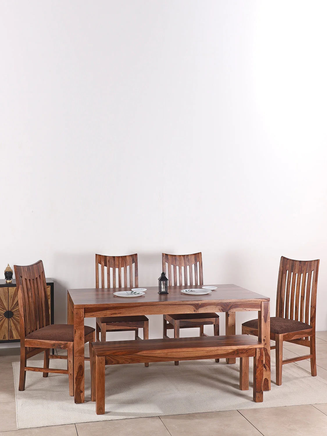 Moon Sheesham Wood 6 Seater dining set with Bench In Rustic Teak Teak Finish