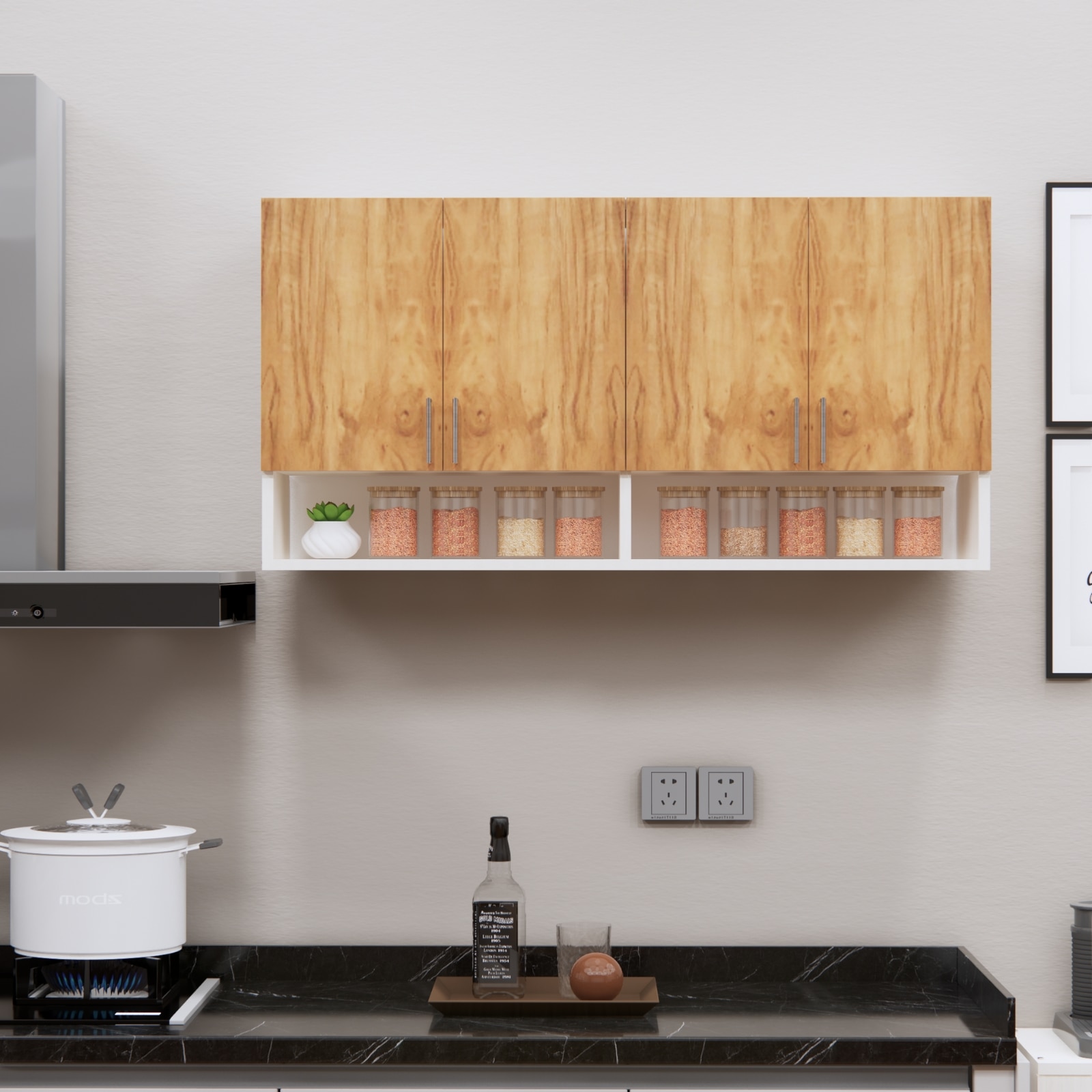 4 Doors Modular Wall Mounted Kitchen Cabinet With Organizer Shelf In Plateau Apple Finish