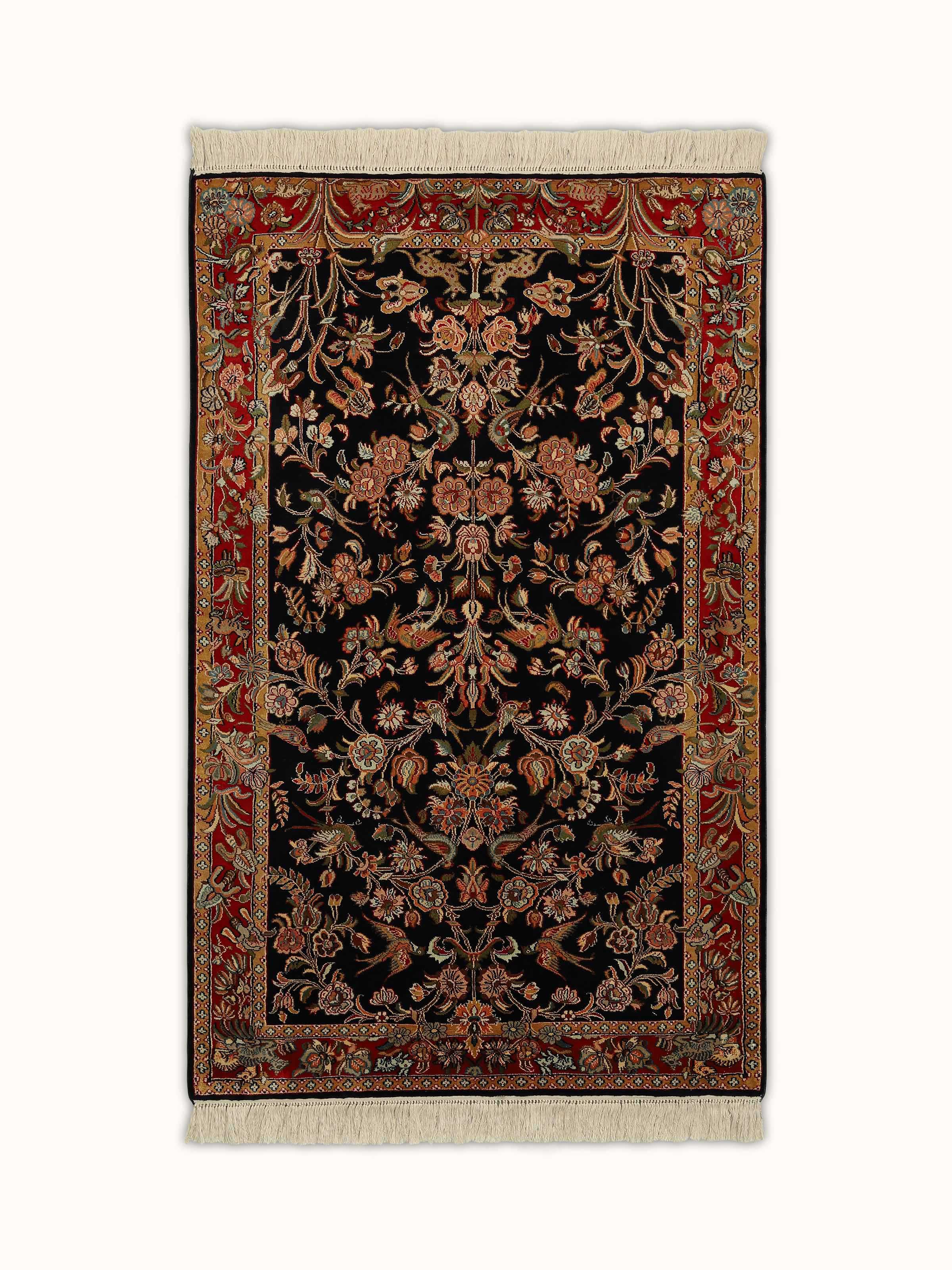 Traditional Persian Black Garden Kashmir Silk Hand-knotted Rug