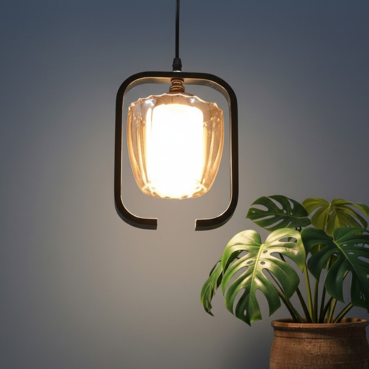 Eliante Hanging Light - Champaign Glass Shade, Mild Steel And Wood, 1-Light Pendant For Modern Decor - Eliante