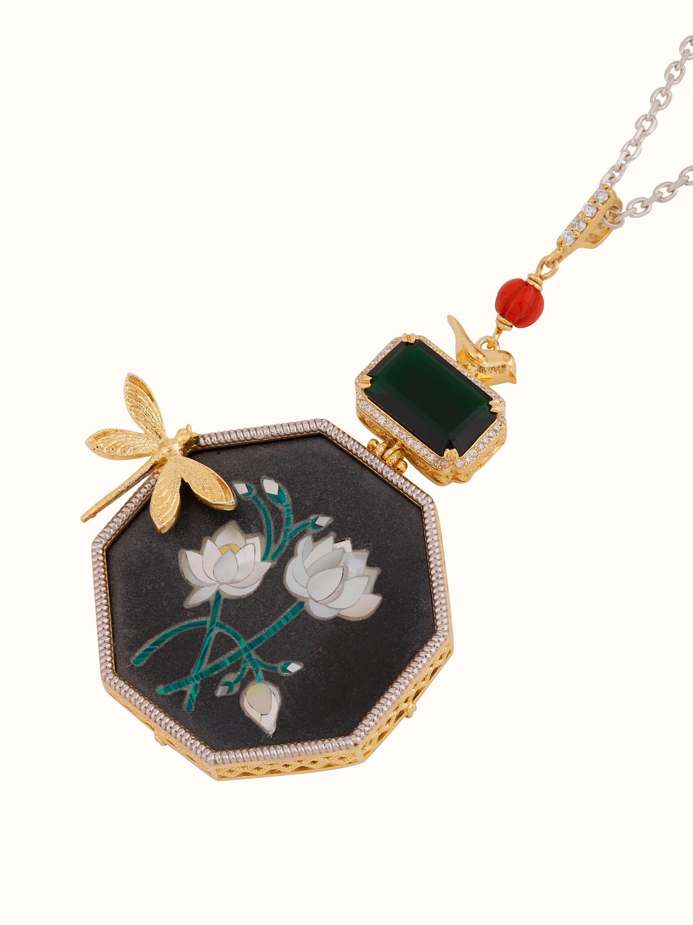 Artistic overhead view emphasizing pendant’s texture and chain connection