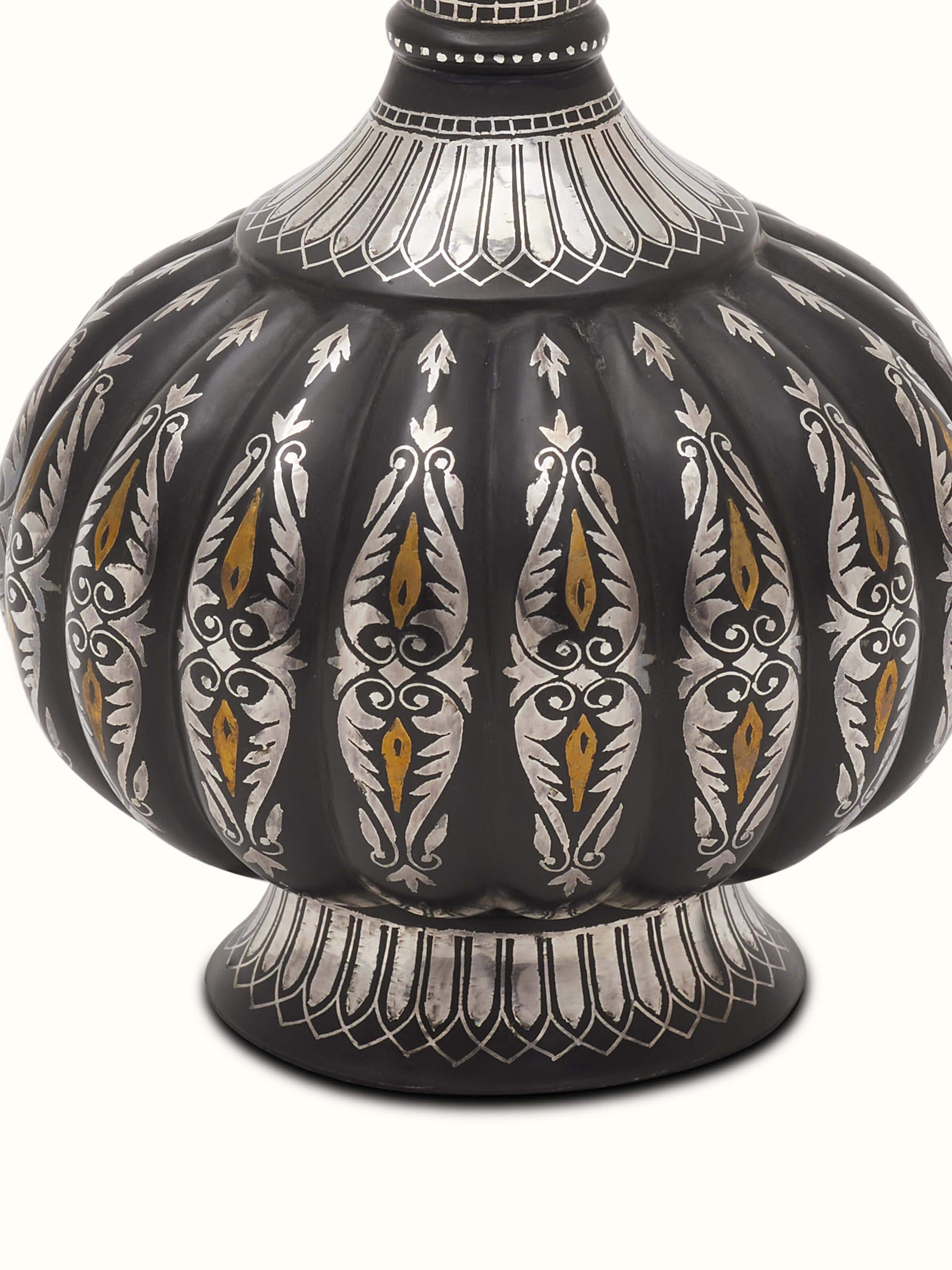 Detailed view of Bidri Zinc & Silver Big Vase by Swadesh emphasizing the fine Bidri work and shiny metallic surface.