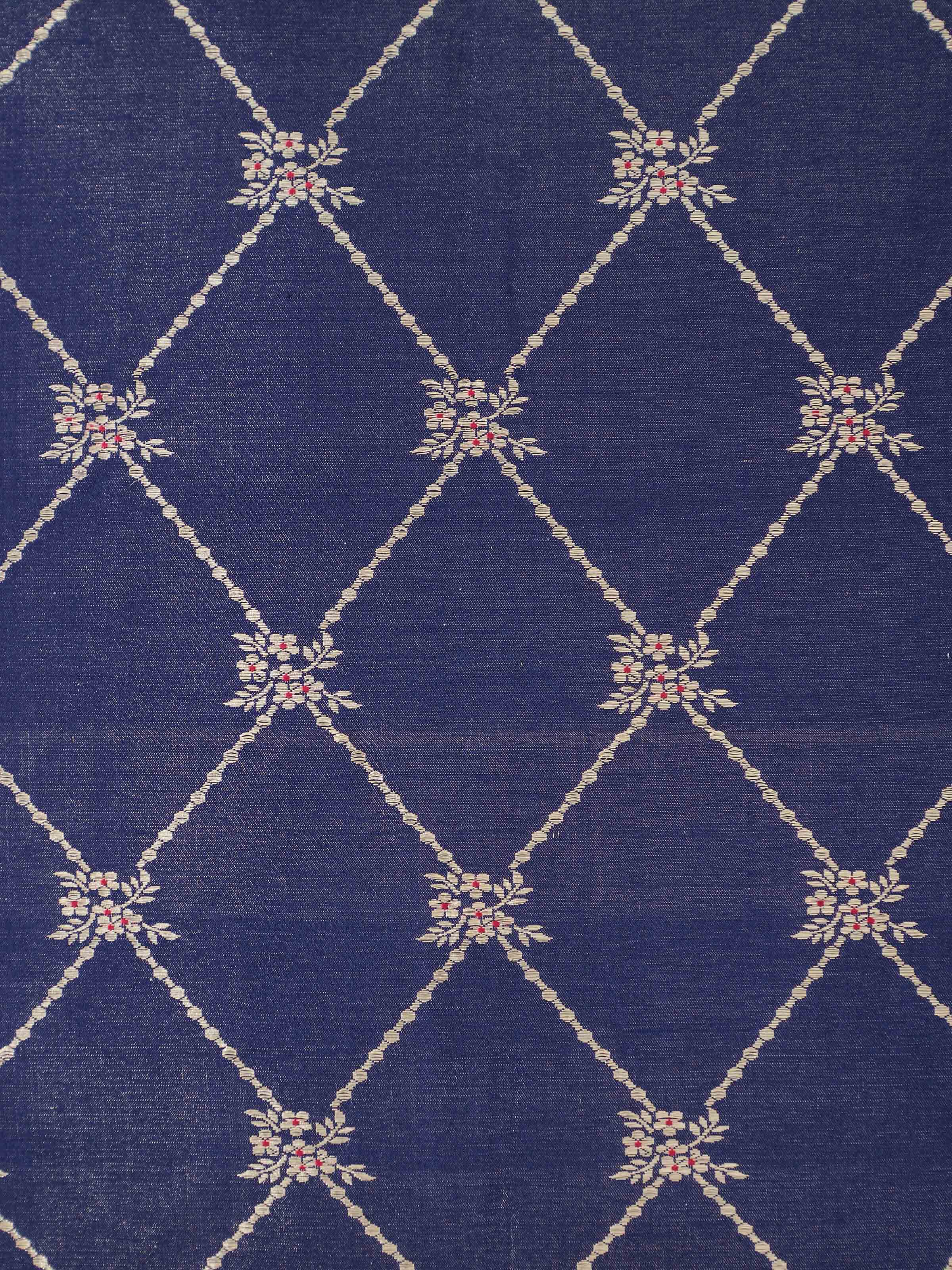 Close-up of Awadh Navy Blue Banarasi Handloom Silk Lumbar Cushion Cover, focusing on the intricate weaving details.