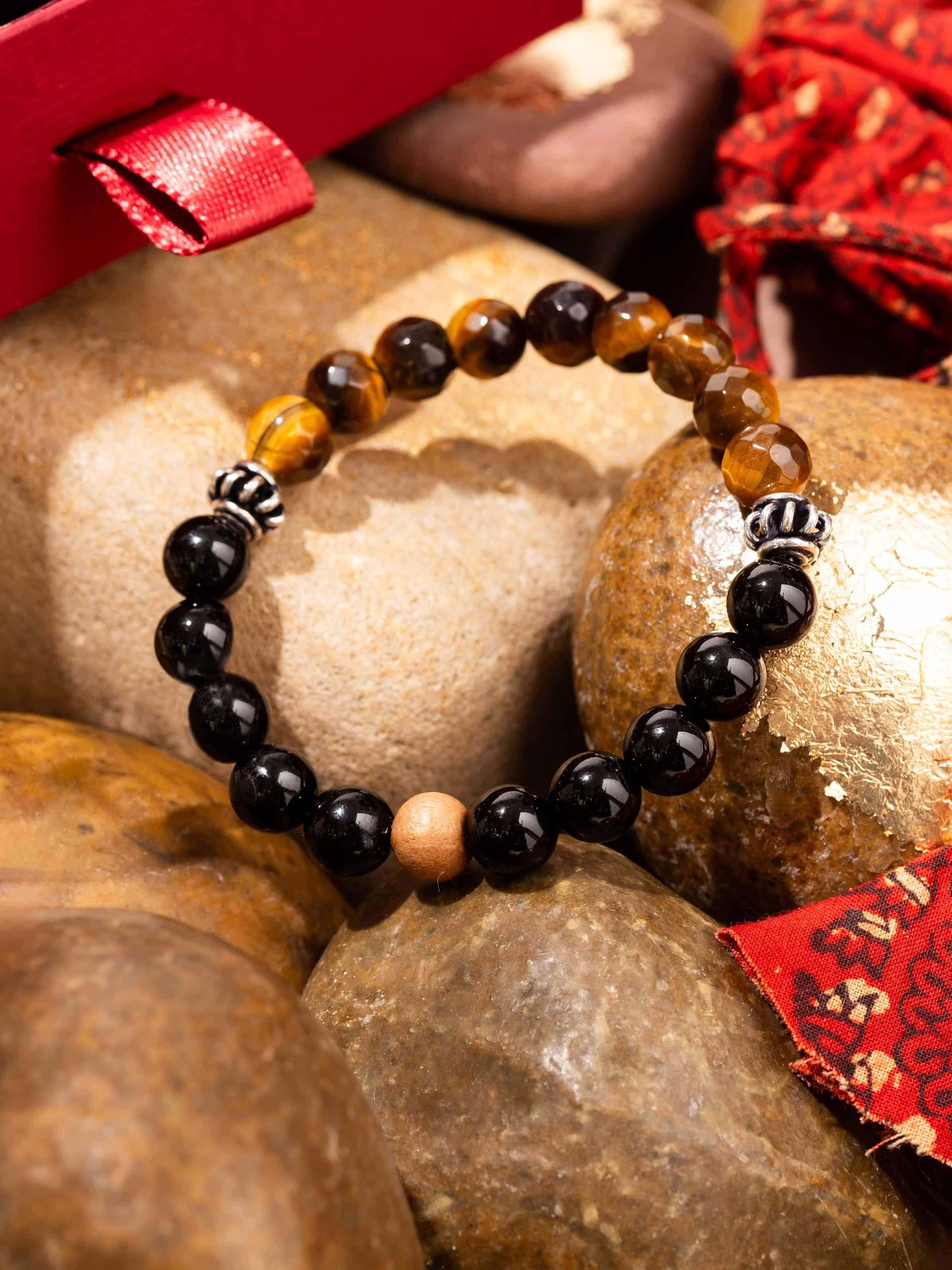 Side view of Tiger Eye, Onyx & Moonstone Bracelet with visible handcrafted detailing