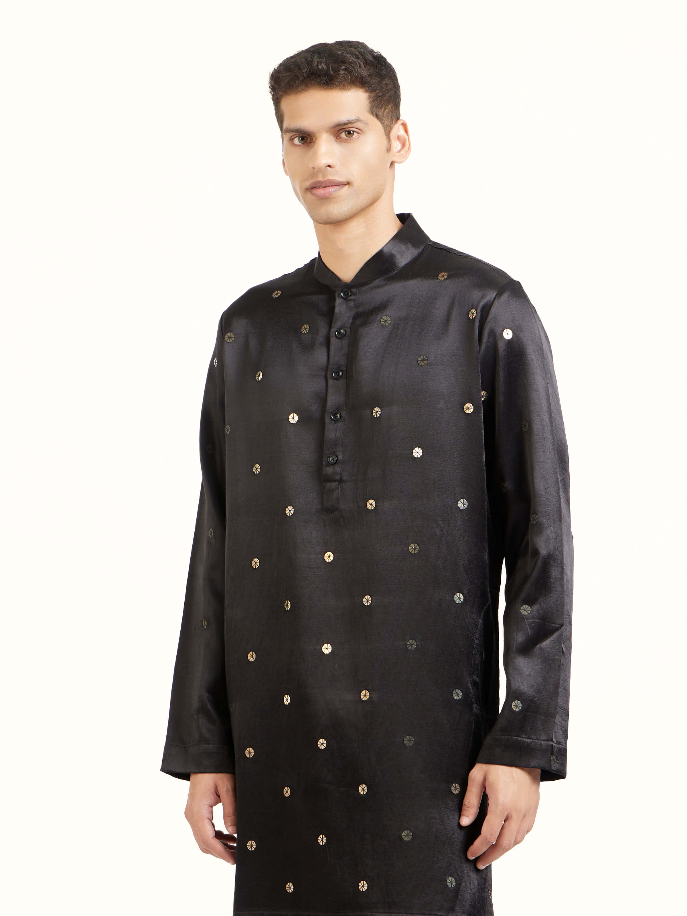 Angled view of black hand embroidery long kurta highlighting embroidery craftsmanship