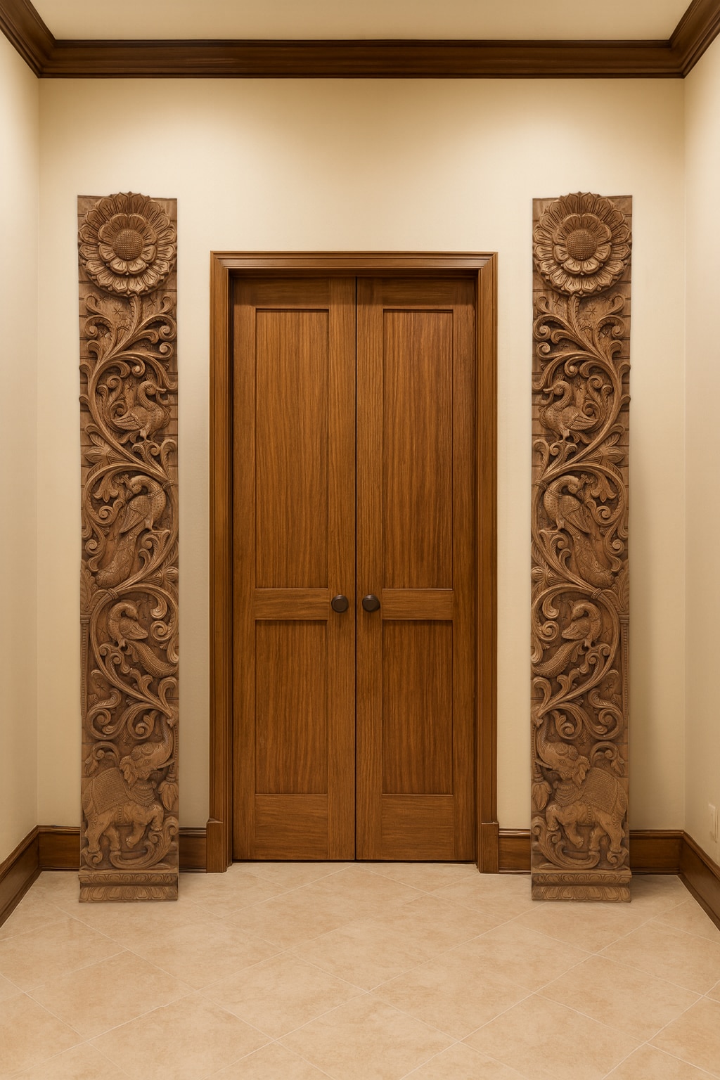 Lifestyle view of Carved Neem Wood Peacock & Elephant Panel