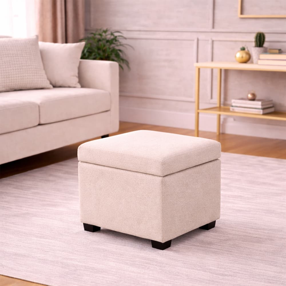 Doe Buck Hutcheson Upholstered Storage Ottoman Cube in Off White Colour - Doe Buck
