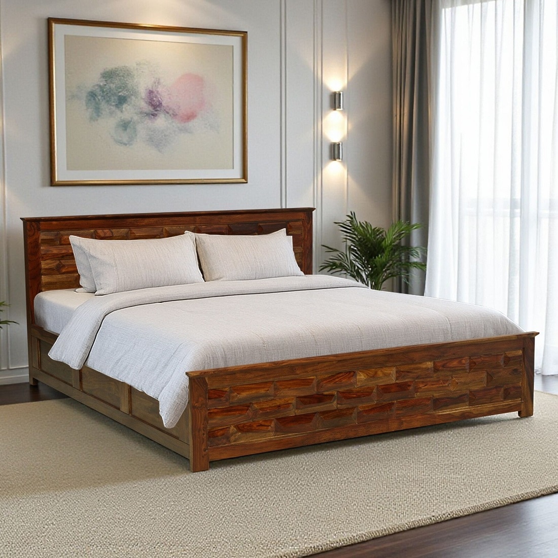 demiwall Morven Hydraulic Solid Wood Bed Queen Size in Provincial Teak Finish-picture-12