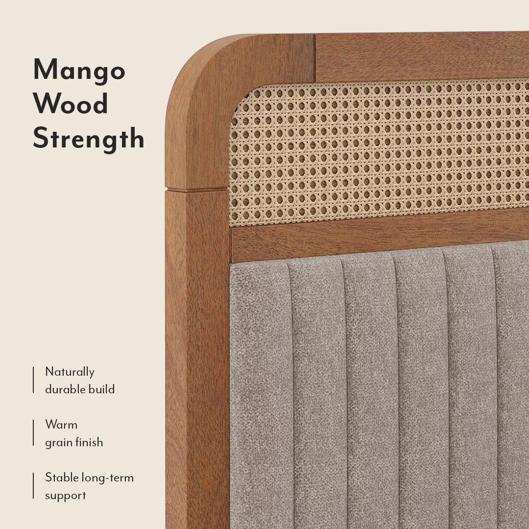 Hanoi Solid Wood Cane Queen Size Hydraulic Storage Bed In Amber Walnut Finish with Shitake Beige Colour