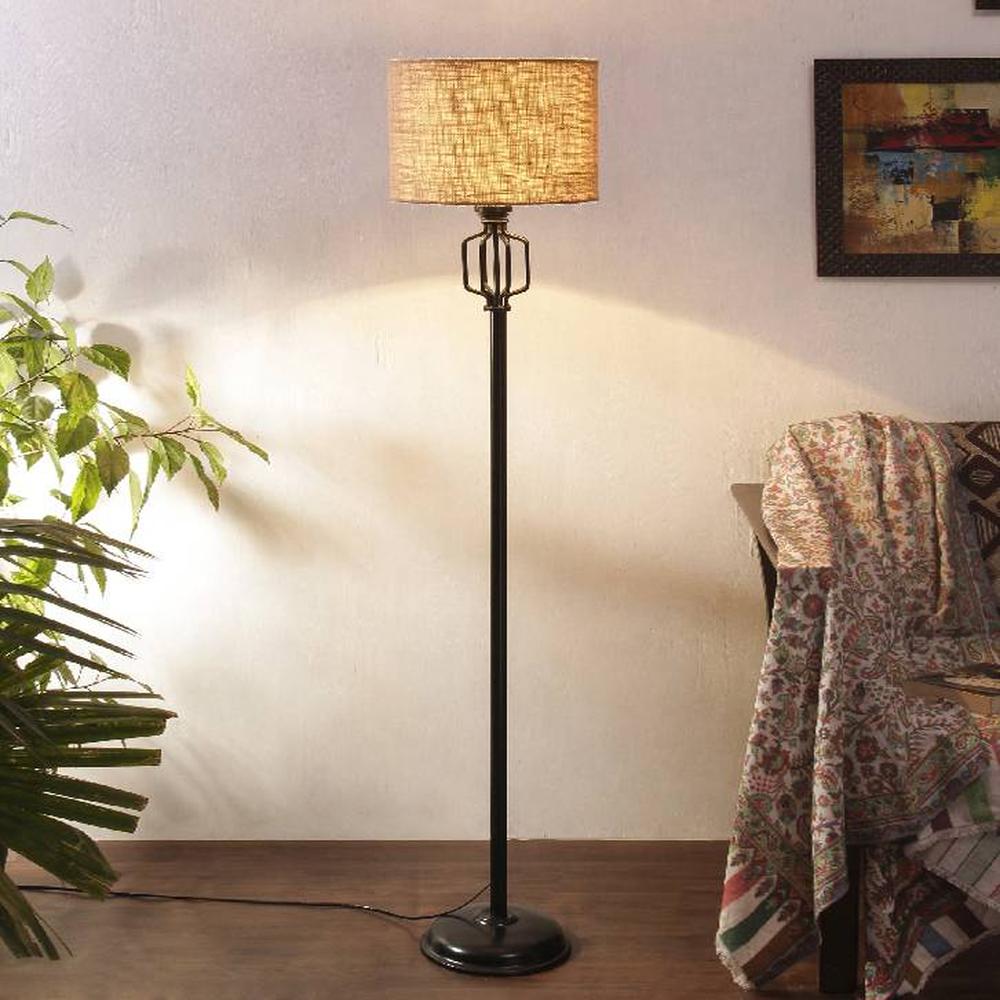 Jasmine Beige Natural Fiber Floor Lamp with Black Iron Base