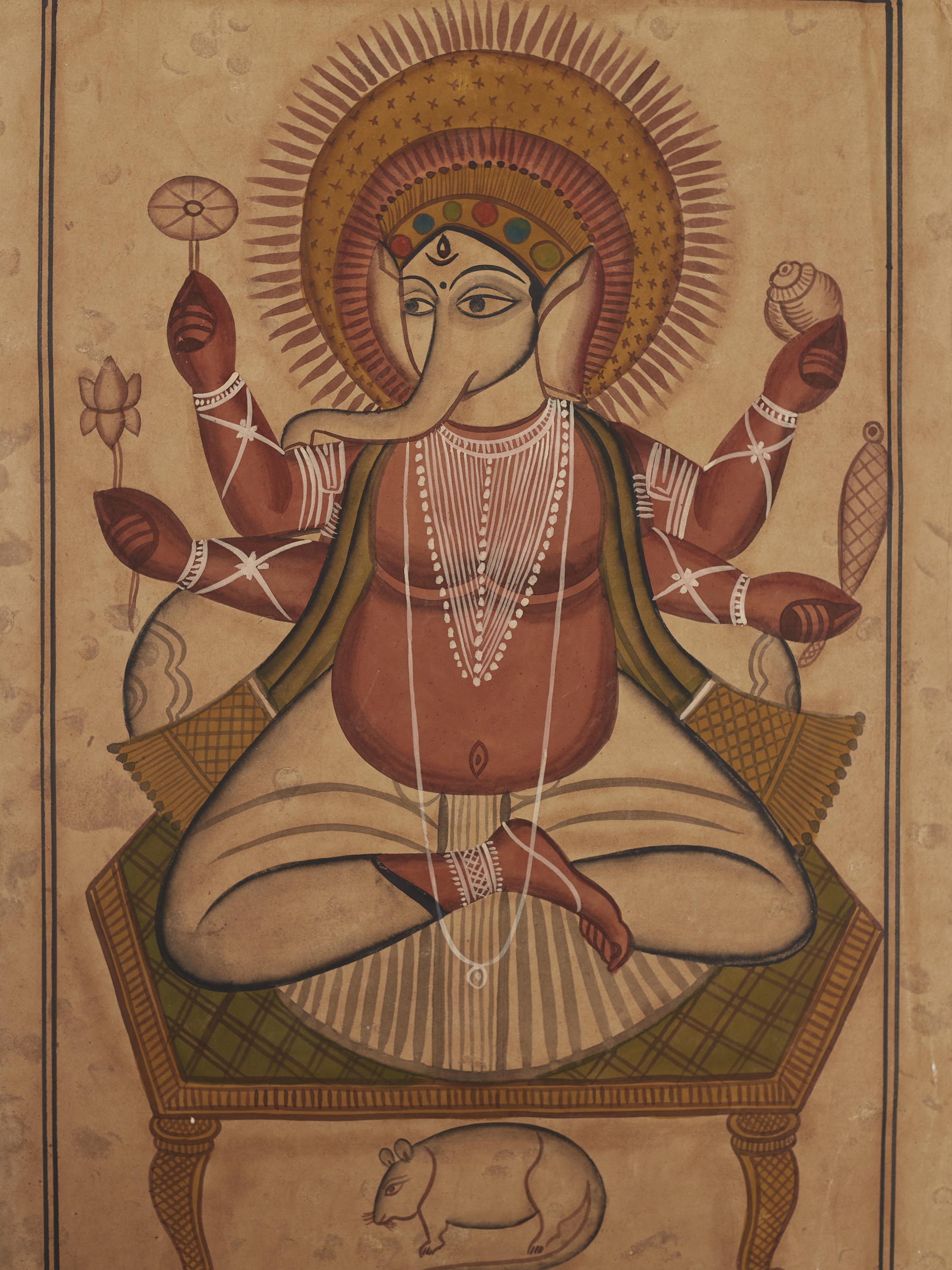 Detail shot of Man Woman Fan Kalighat Painting