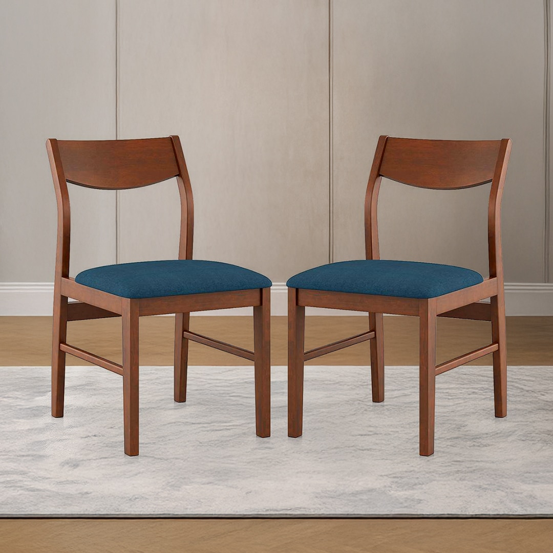 Augusta Solid Wood Dining Chair Set Of 2 In Dark Walnut Finish With Blue Fabric Colour