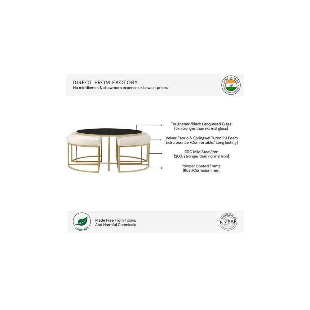 Benton Nesting Black Glass Coffee Table Set With 4 Stools In Gold Finish