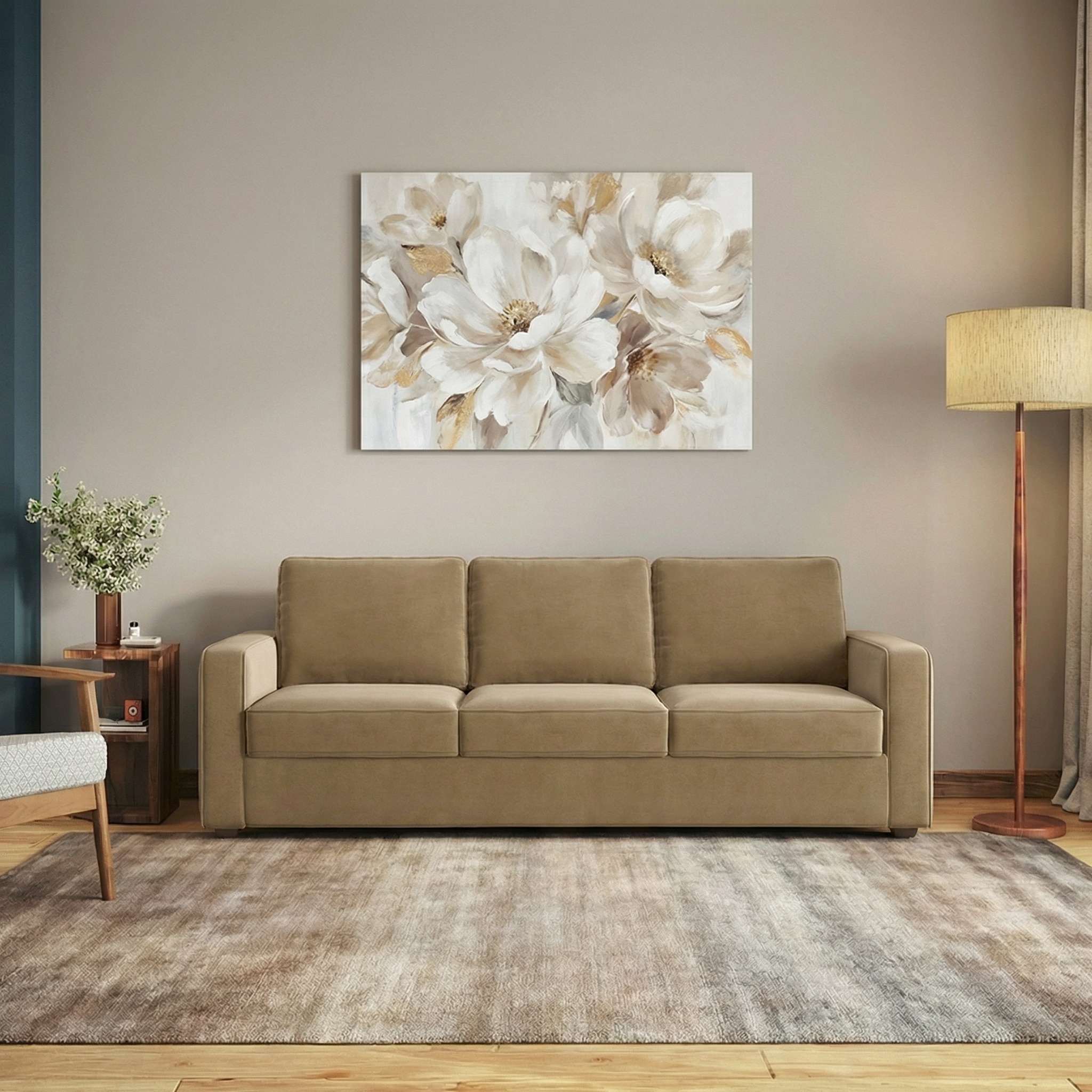 Apollo Compact High Back 3 Seater Fabric Sofa in Fawn Velvet Colour - Urban Ladder
