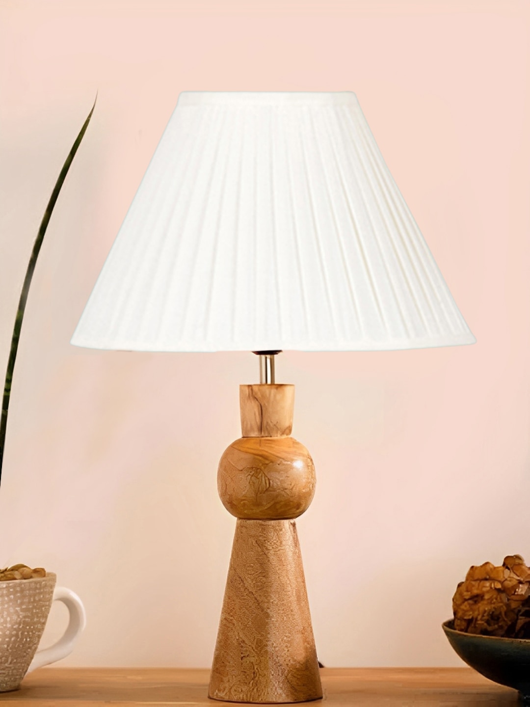 Devansh Off-White Cotton Vintage Straight Pleated   Lamp With Wood Base (12X19.25)