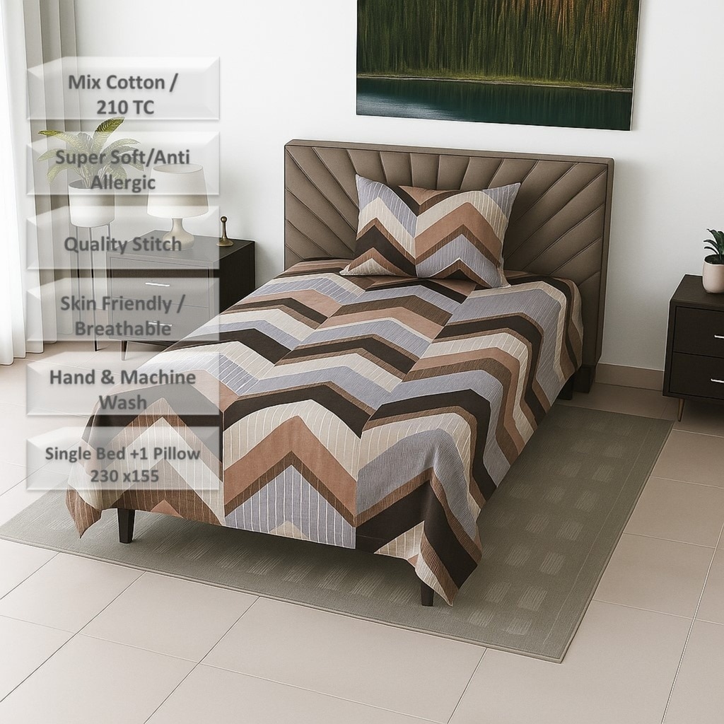 Multicolor Geomertrical 210 TC Mix Cotton Flat Single Bed Size Bedsheet With 1 Pillow Cover From Threads