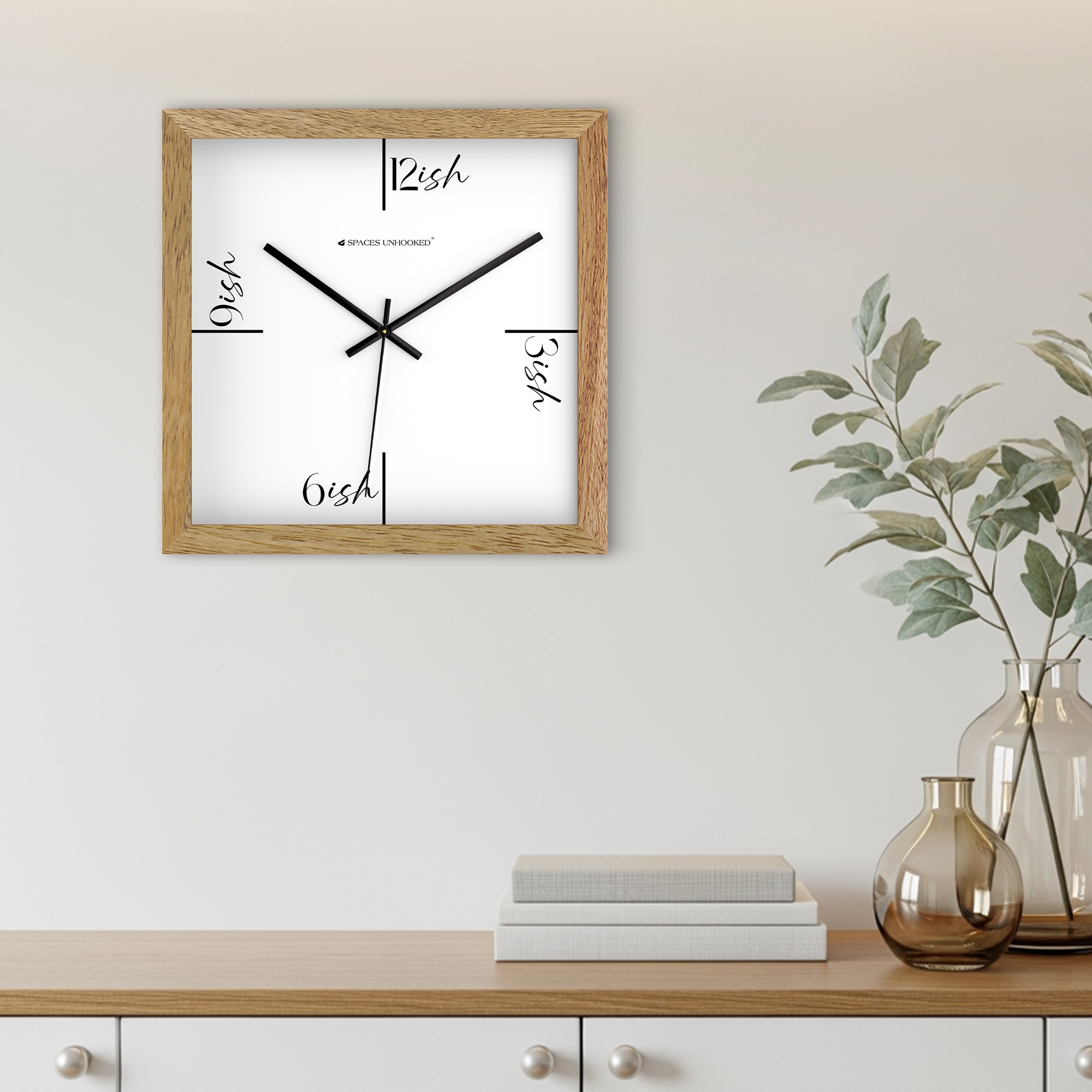 Playful “Ish” Square Wooden Wall Clock with Minimal White Dial