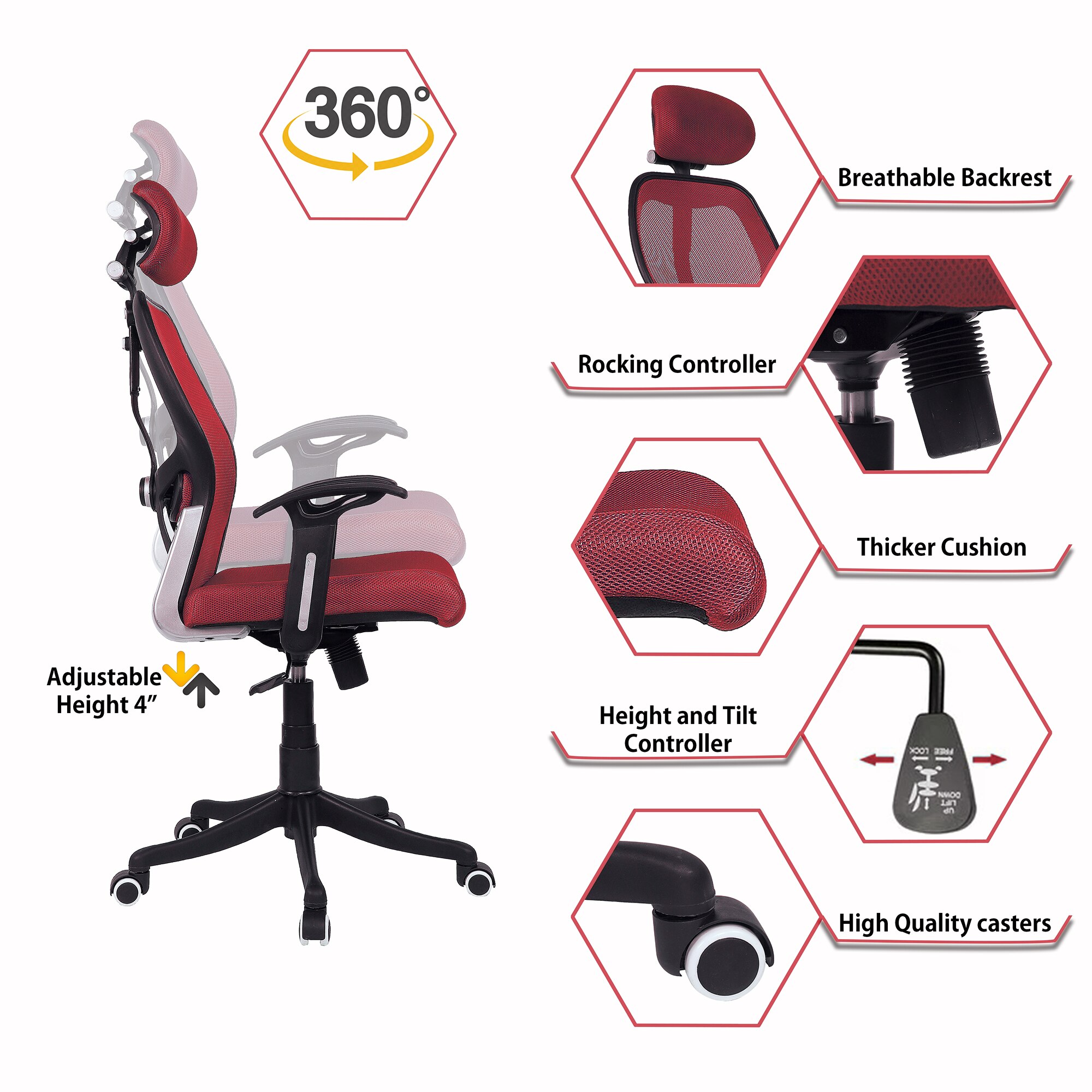 Reaii Mid Back Ergonomic Chair in Red Colour