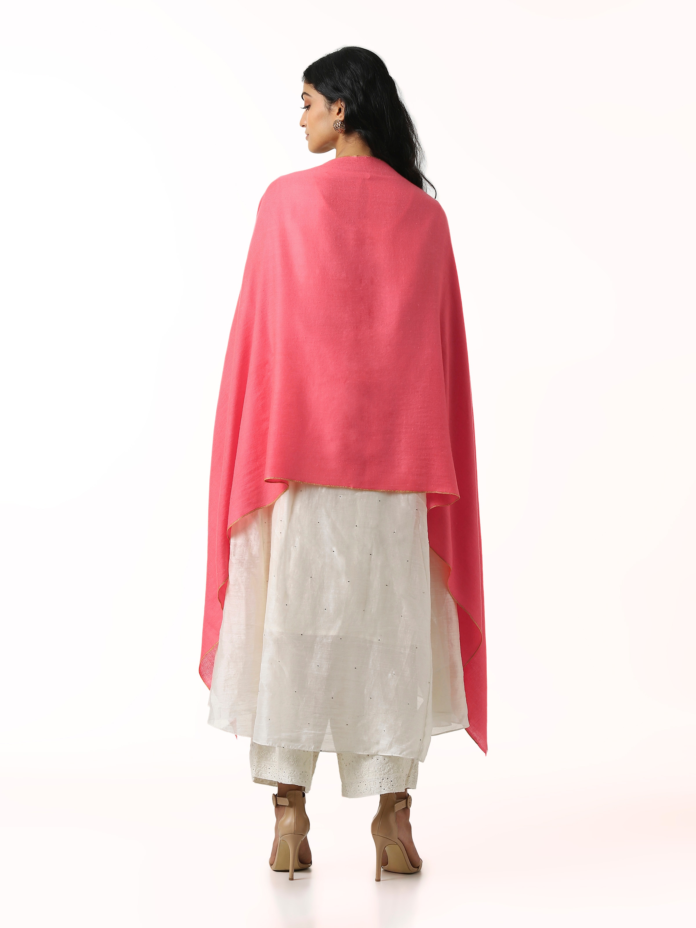 Back view of coral cashmere kaaj embroidered handwoven stole with complete embroidered layout