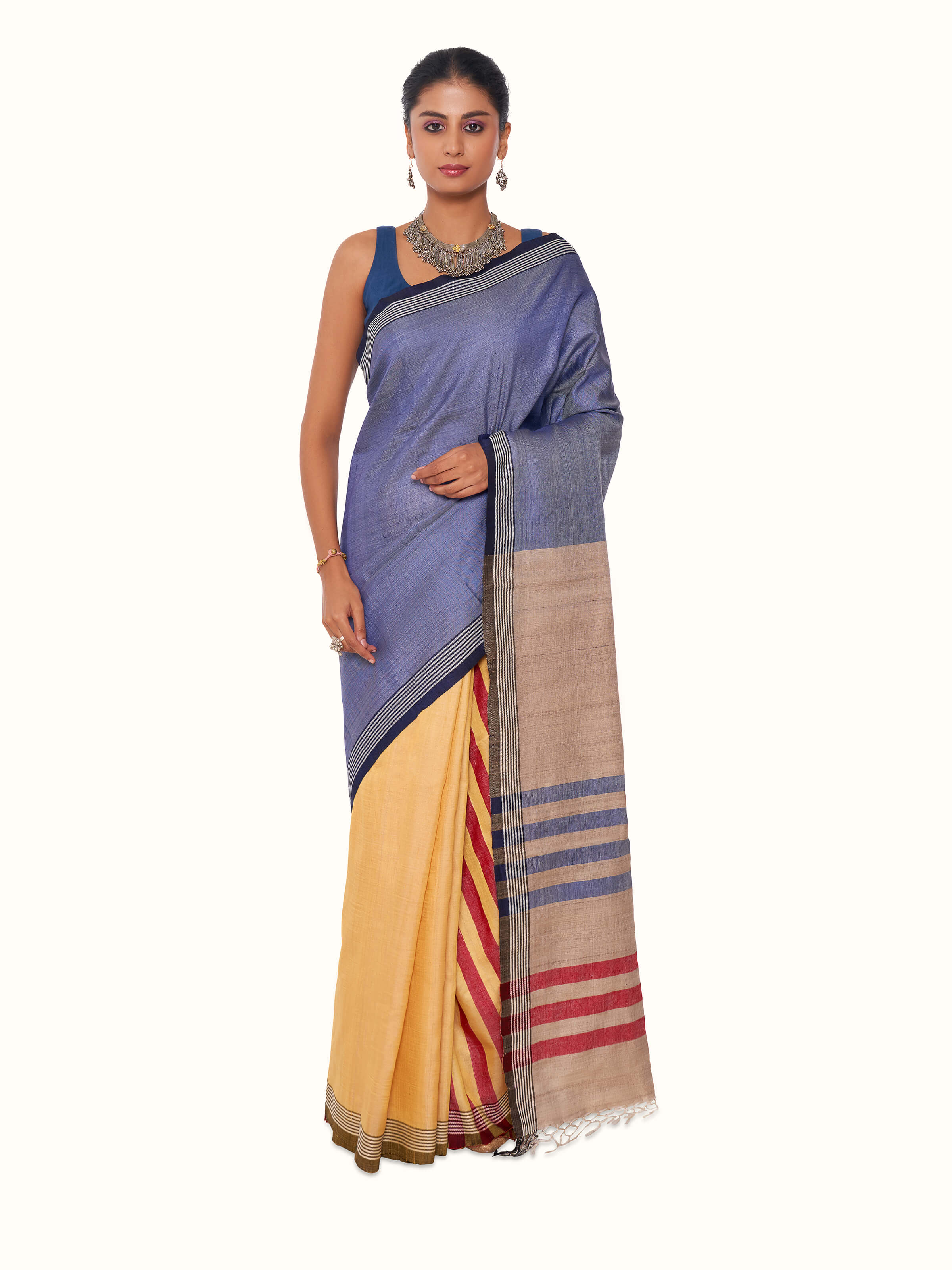 Front view of blue tussar silk Bhagalpur saree with traditional woven motifs