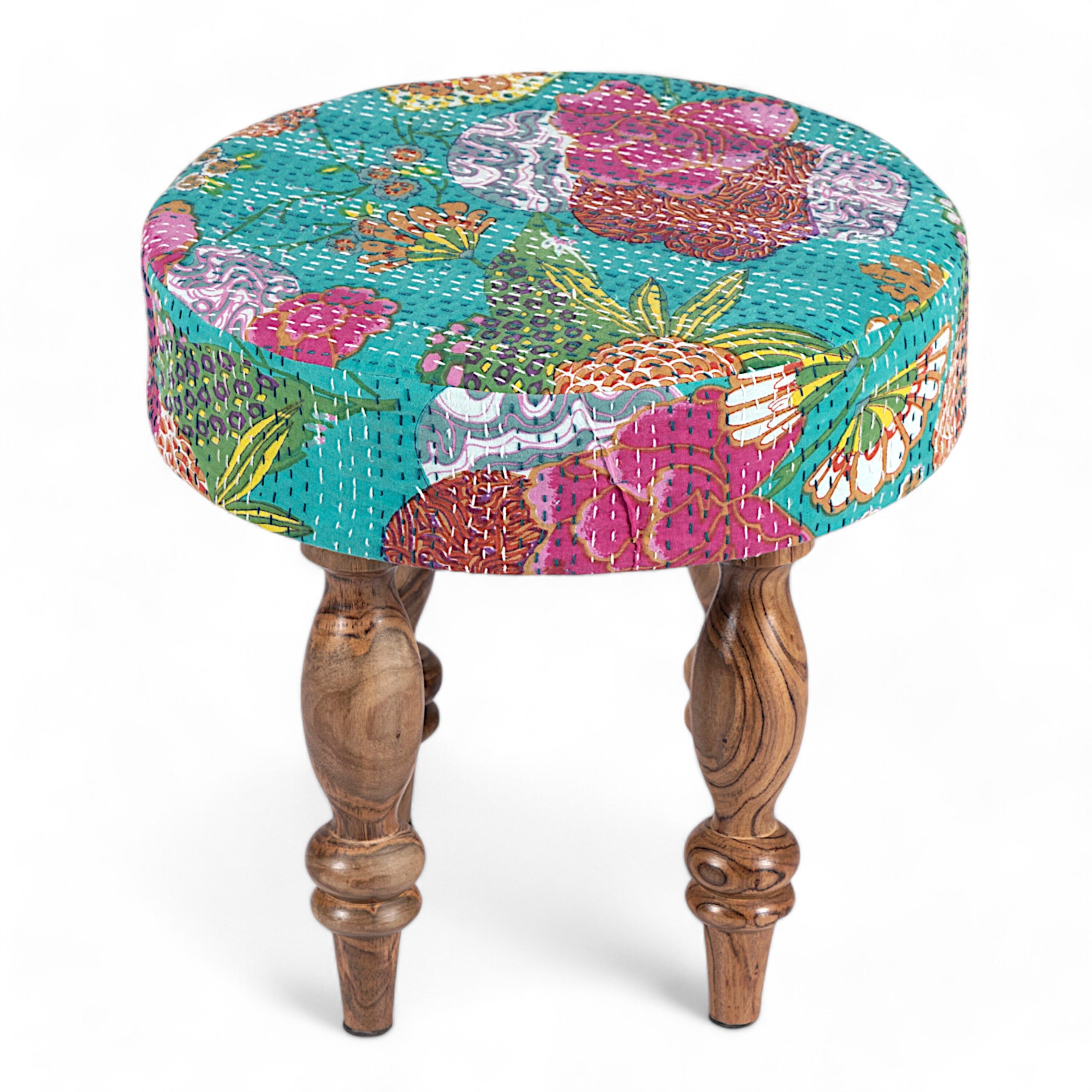Roswell Sheesham Wood Mid Century Round Stool in Sea Green Fruit Print Kantha Upholstery
