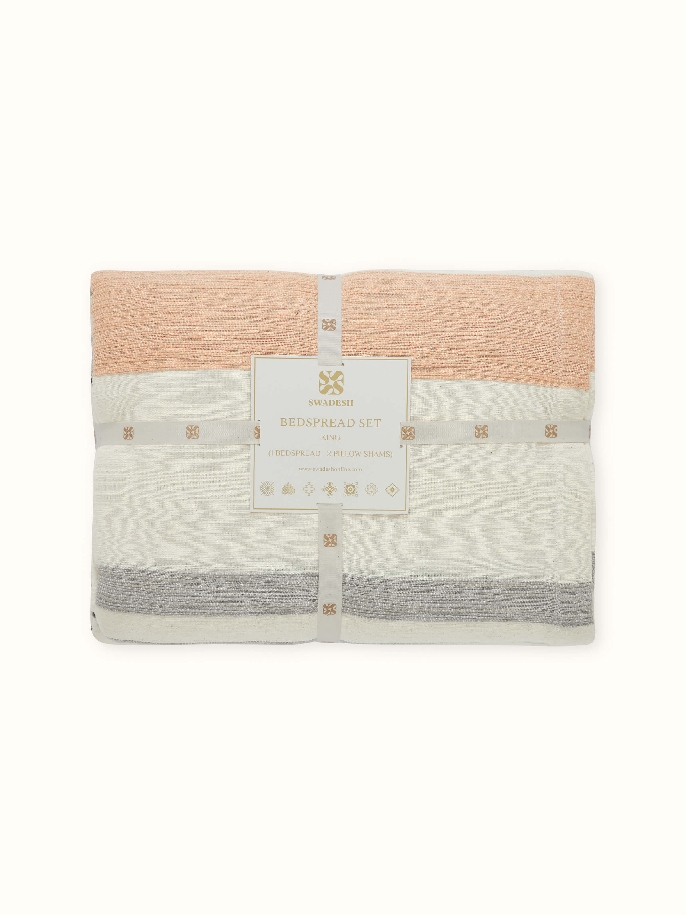 Detailed top view of bedspread fabric texture and handwoven pattern continuity.