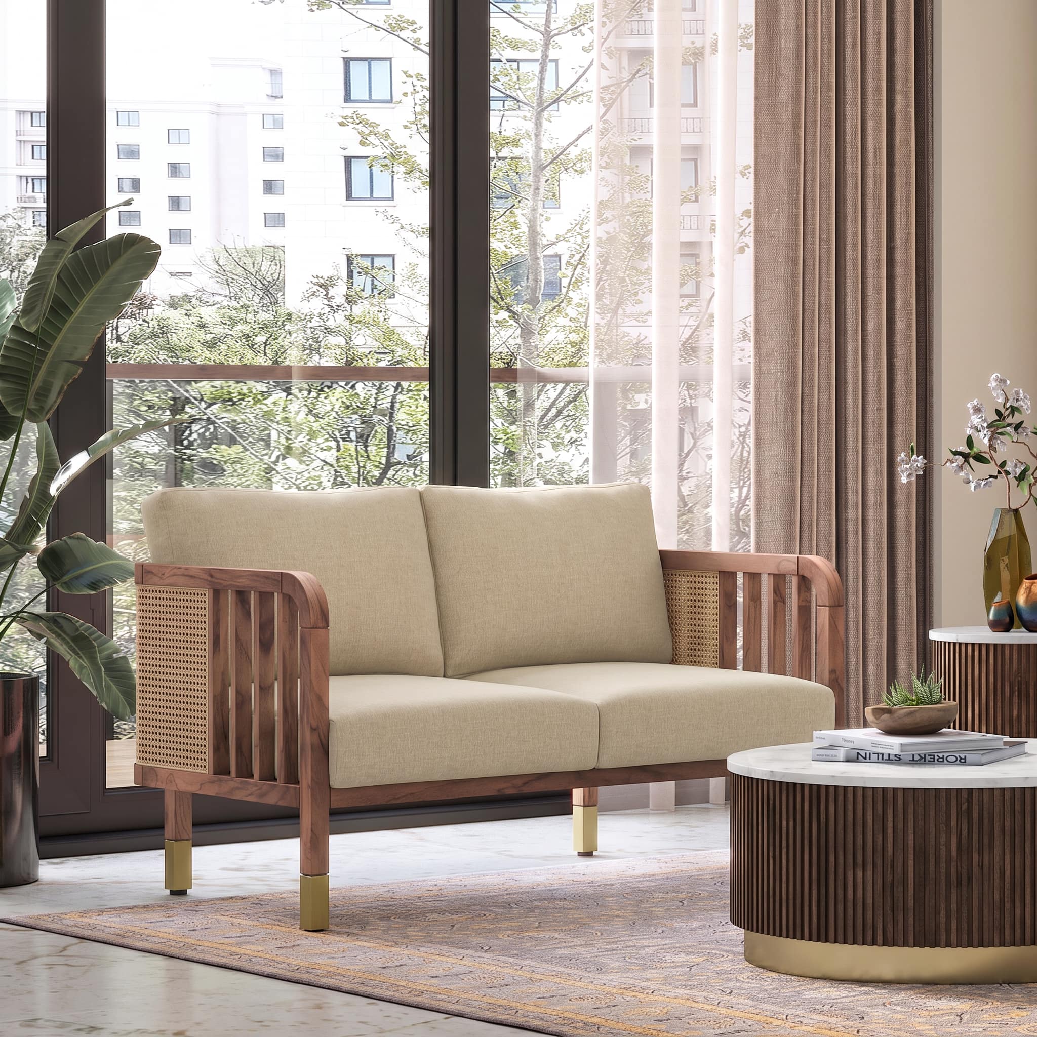 Taran 2 Seater Teak Wood Sofa in Almond Beige Fabric in Sienna Teak finish