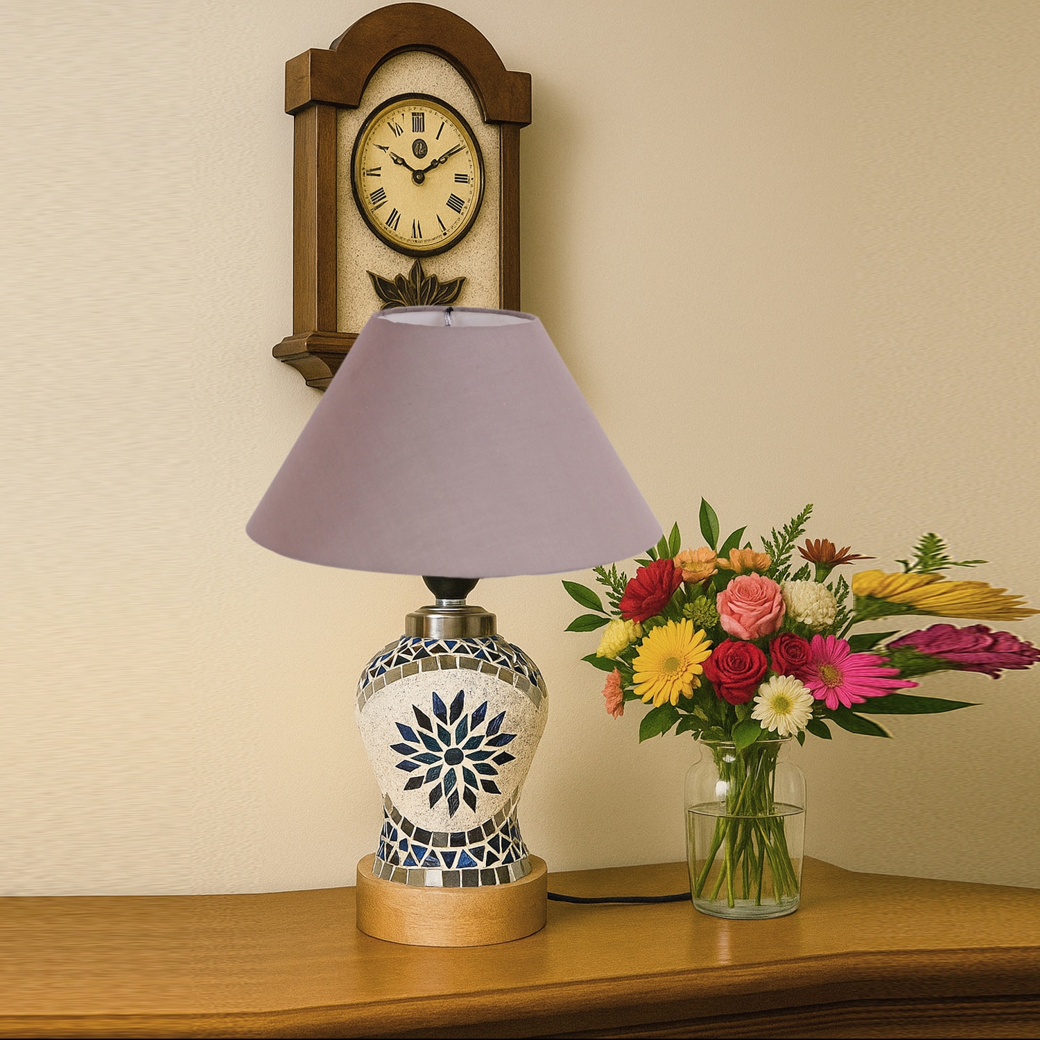 Devansh Conical Grey Cotton Shade Lamp With Wood & Mosaic Glass Base For Decoration/Office/Home/Gifting/Study For Decoration/Office/Home/Gifting/Study -(10X10X14.5) Inches -A