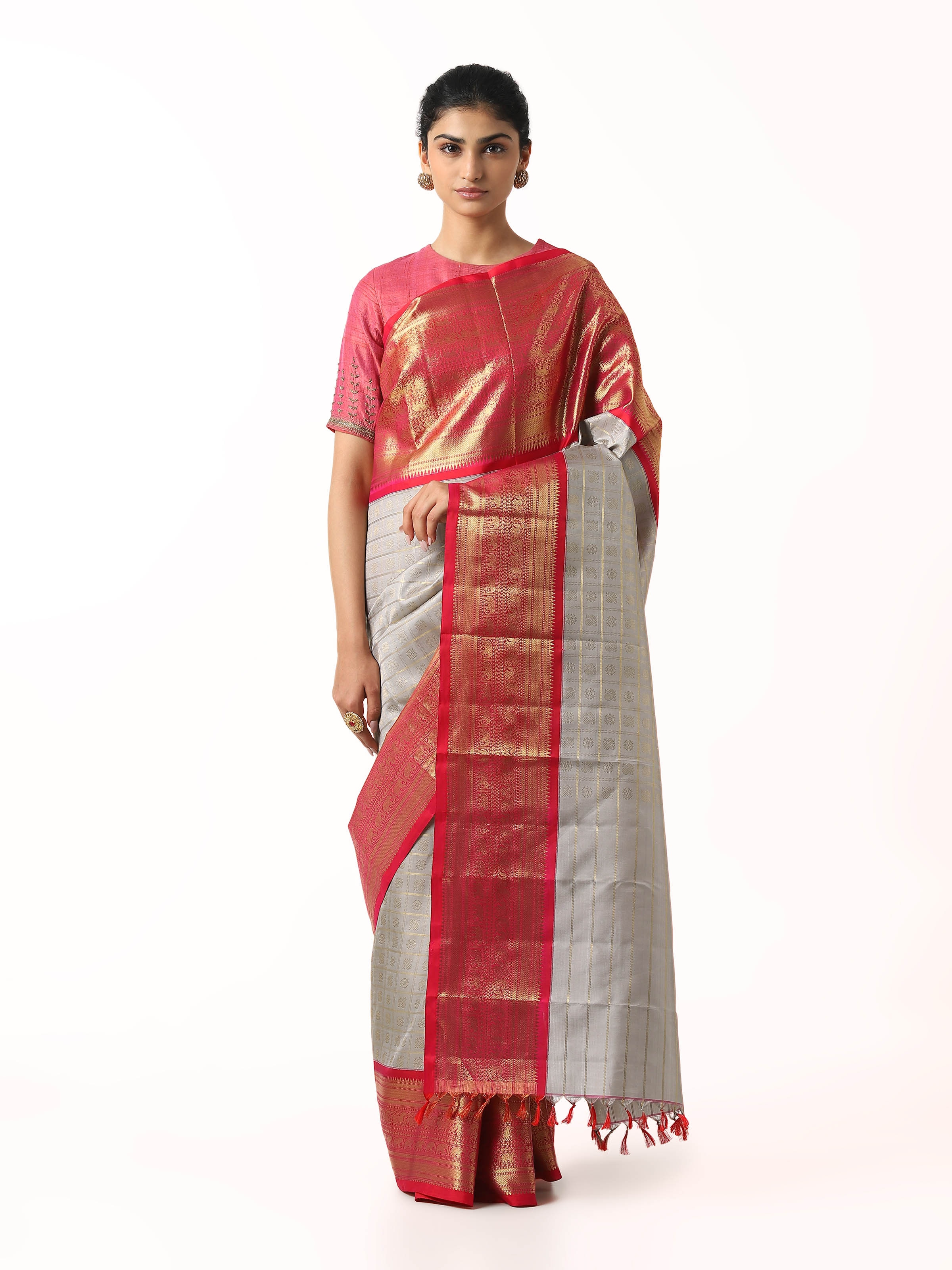 Front view of grey silk Kancheepuram saree with rich zari motifs