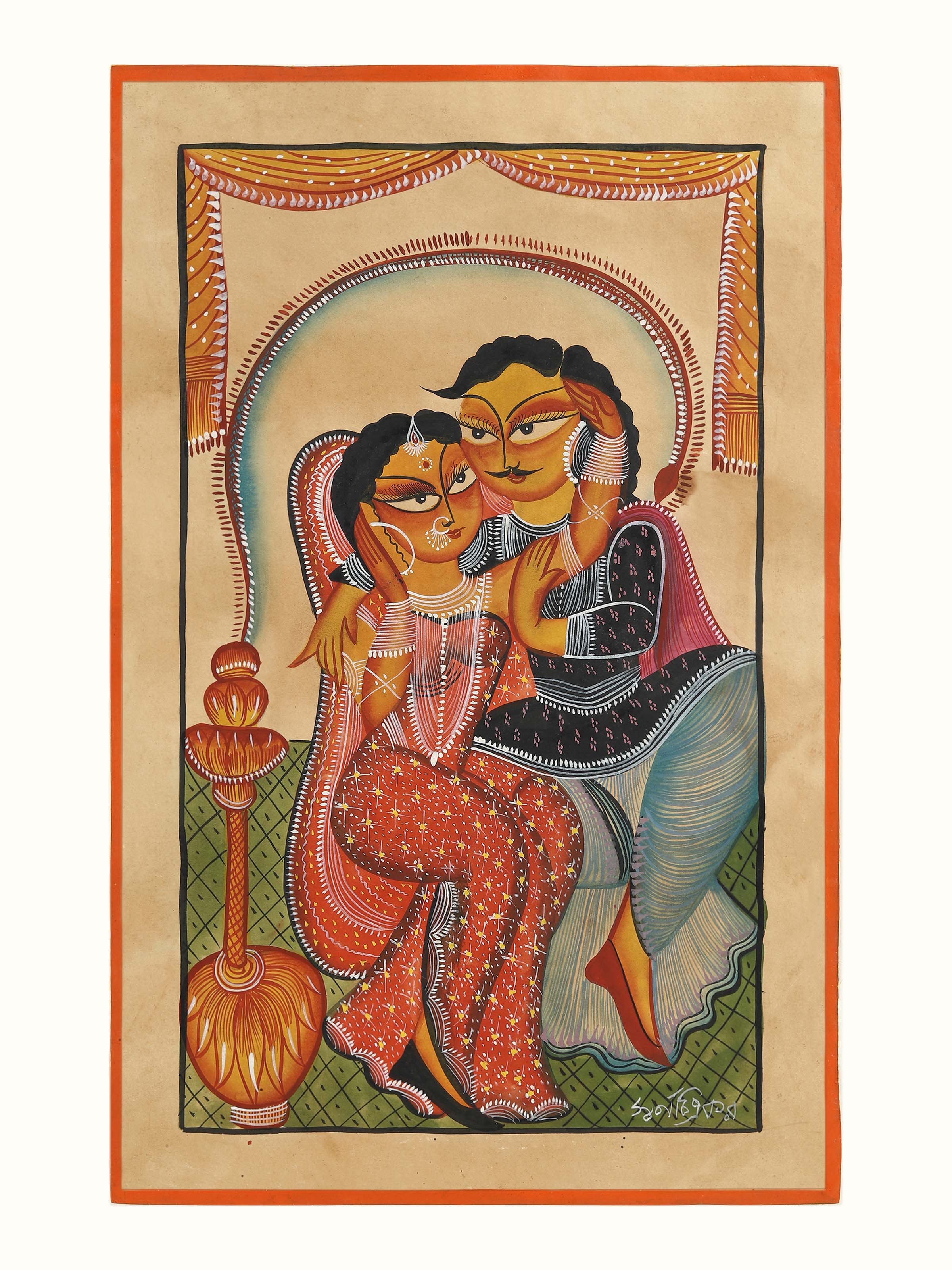 Babu Bibi Kalighat painting in traditional Bengali folk art style – front view