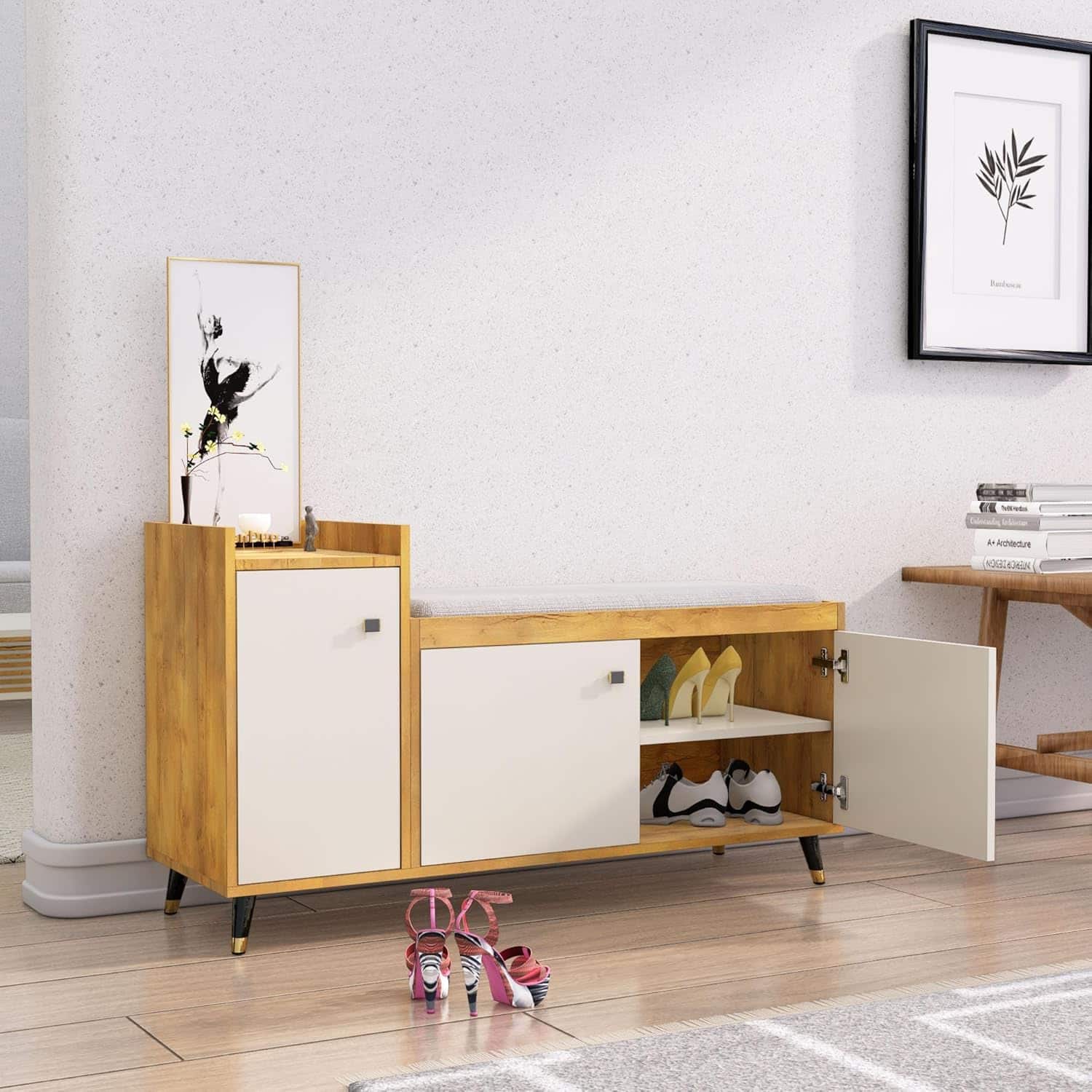 Hexa Red Engineered Wood Shoe Rack in Giant Wood and Frosty White Colour - HexaRed