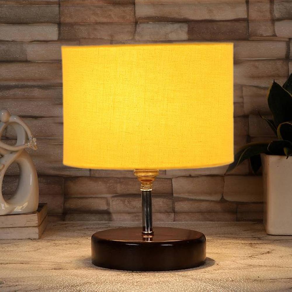 Merlin Yellow cotton table lamp with brown wood base