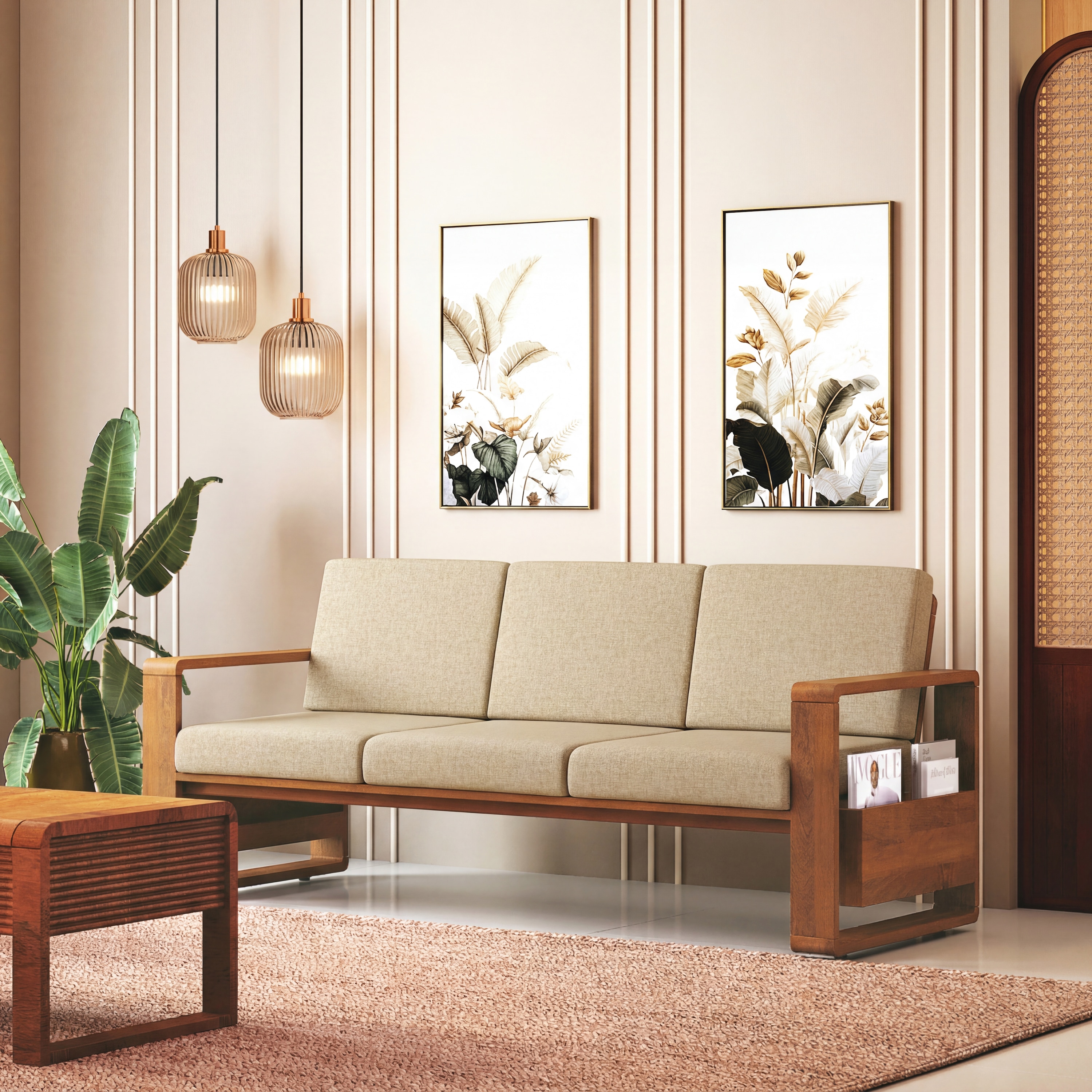 Moreno 3 Seater Solid Wood Sofa in Amber Walnut Finish and Almond Beige Fabric - Urban Ladder