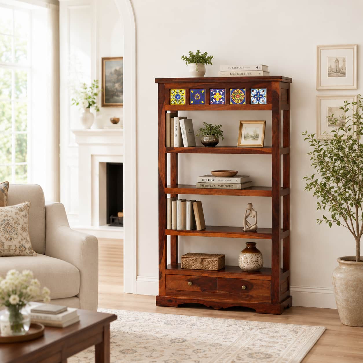 Rangrez Sheesham Wood Bookshelf in Honey Oak Finish - Woodenmood
