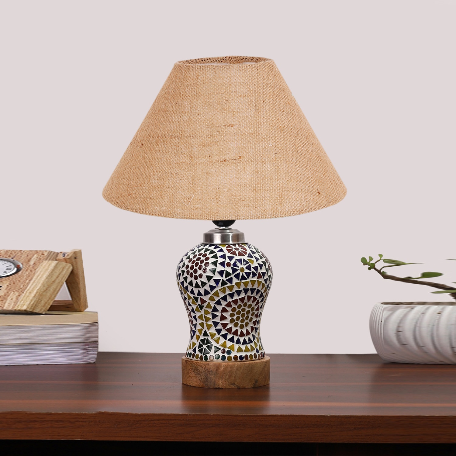 Devansh Conical Beige Jute Shade Lamp With Wood & Mosaic Glass Base For Decoration/Office/Home/Gifting/Study For Decoration/Office/Home/Gifting/Study -(10X10X14.5) Inches -A - Devansh