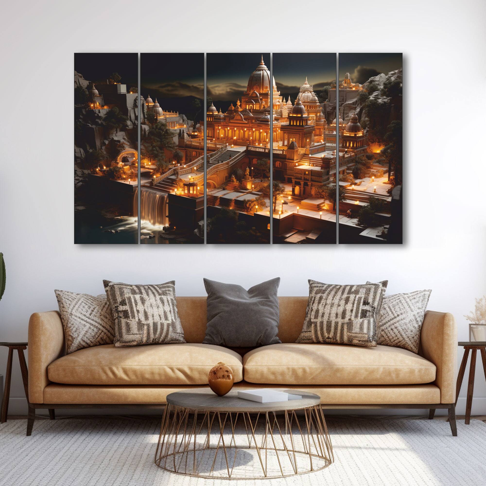 The Castle Decor Ram Mandir Ayodhya Wall Art Set of 5 Digital Painting 27x48 Inch (Style 1) - The Castle Decor