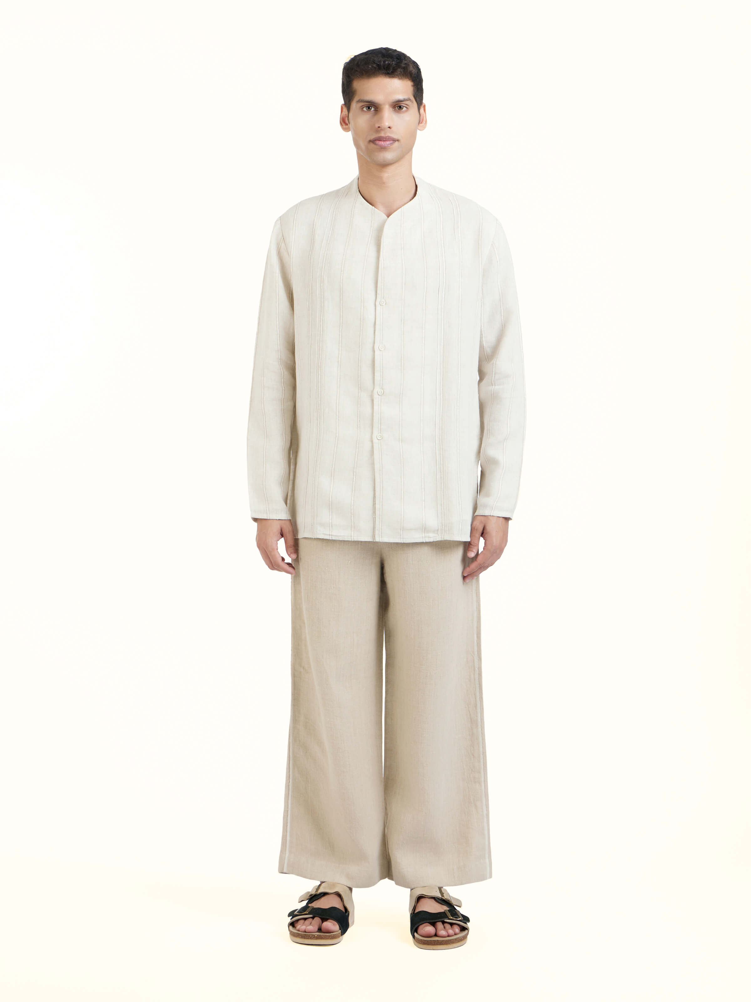 Front view of ivory linen handloom full sleeve shirt with minimal and elegant design
